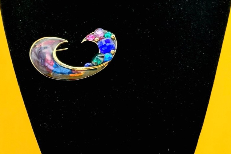 Gold Tone Multicolor Enamel & Rhinestones Brooch Vintage