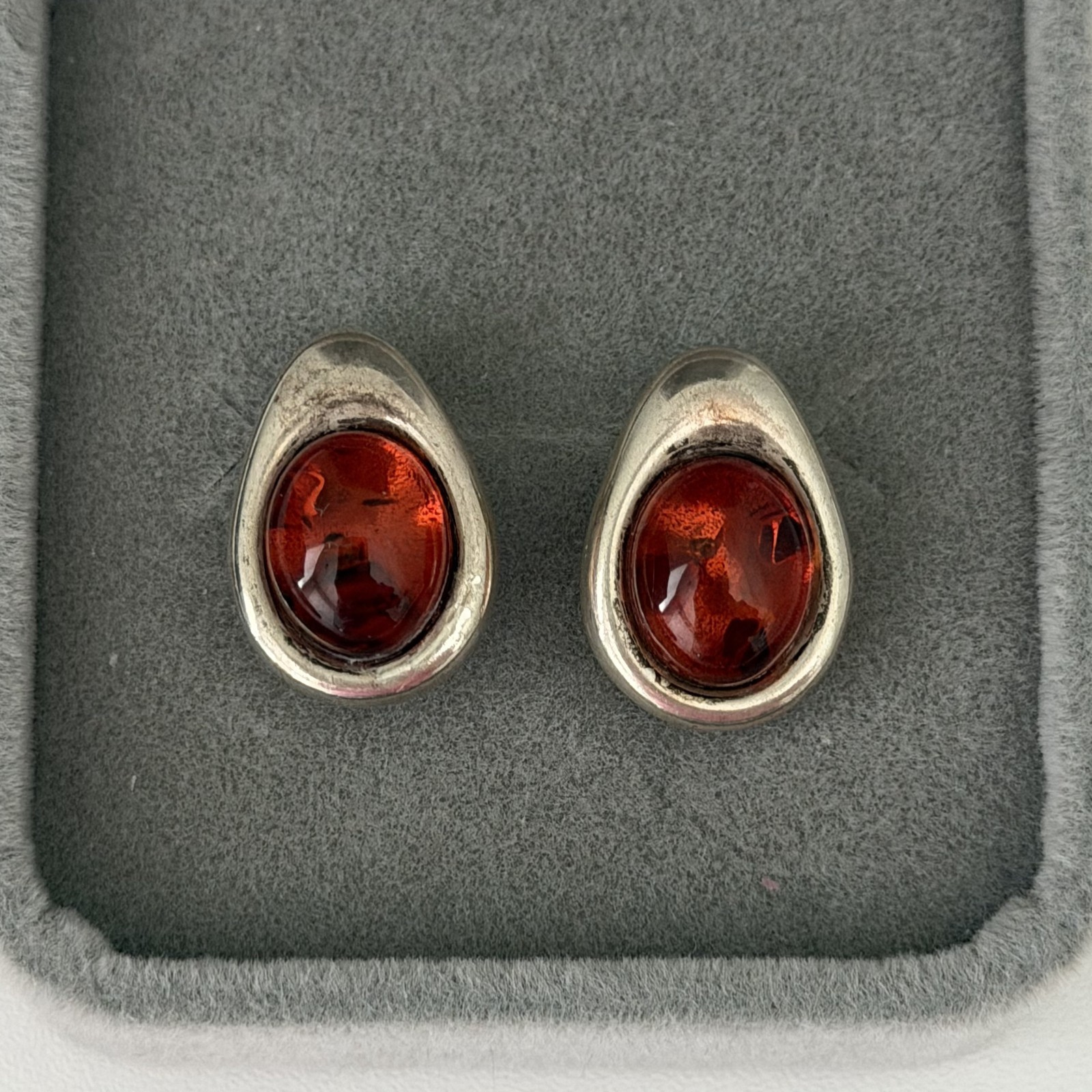 Vintage 925 Sterling Silver Natural Baltic Amber Cabochon Pear Post Earrings