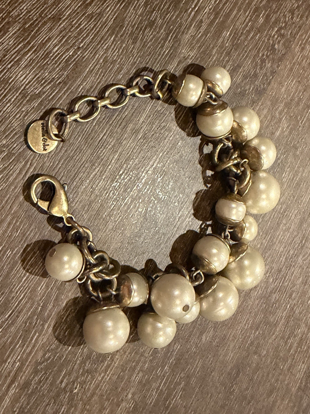 STELLA & DOT DAPHNE FAUX PEARL BEAD CHA CHA 9.5″ BRACELET MCM GOLD CHAIN LINK EU