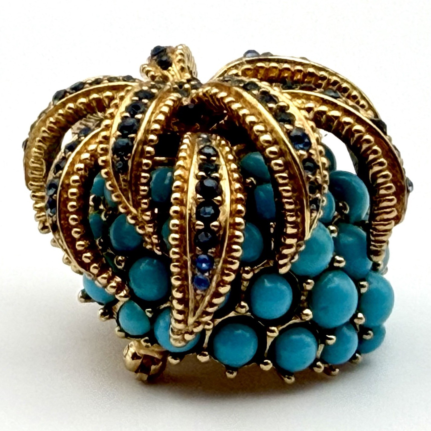 CINER Pineapple Brooch Faux Turquoise Cabochon Rhinestone Gold Tone Signed Vtg