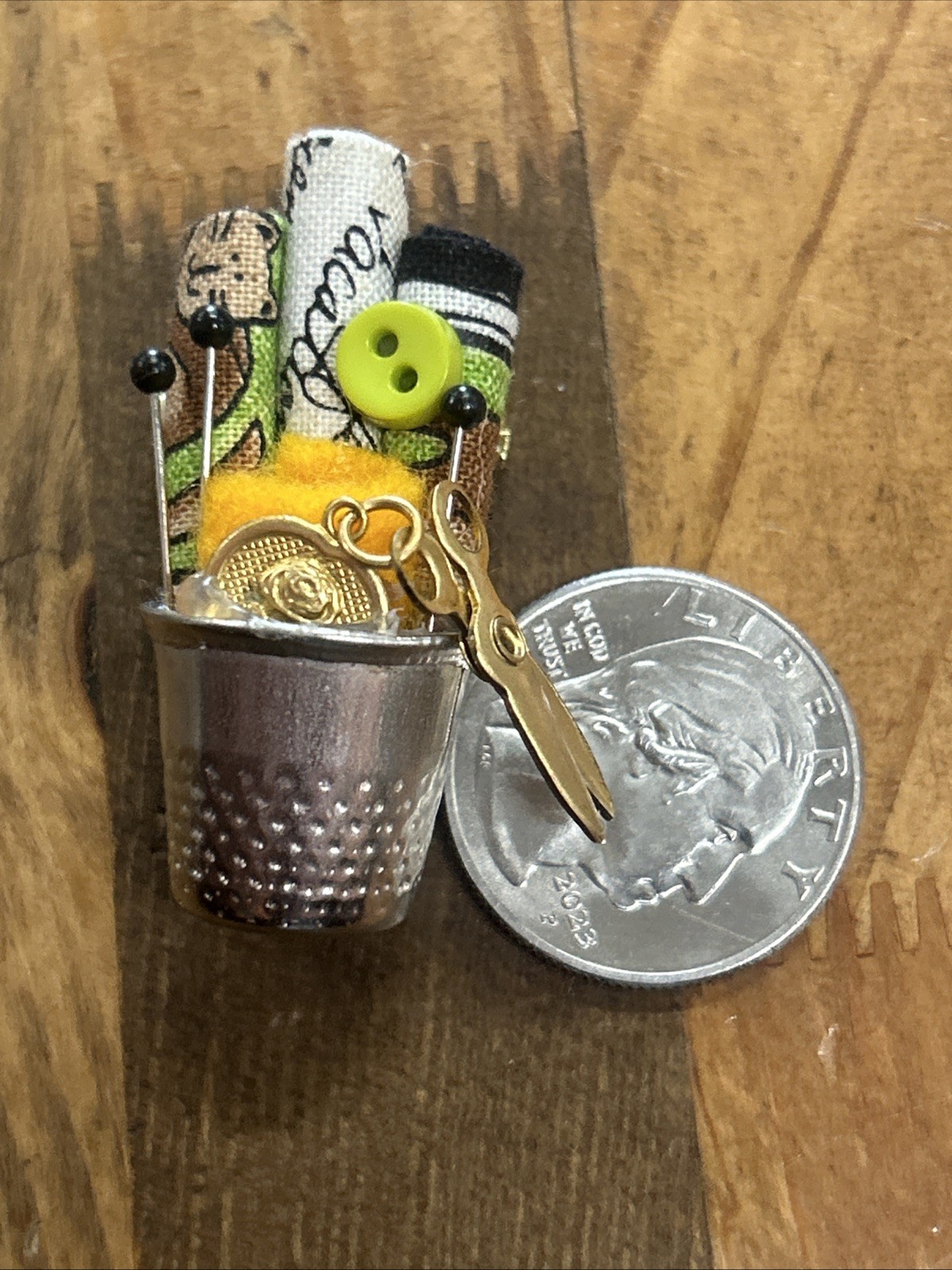 Vintage Handmade Sewing Kit Tin Thimble Cup Scissor, Pin, Fabric Samples Brooch