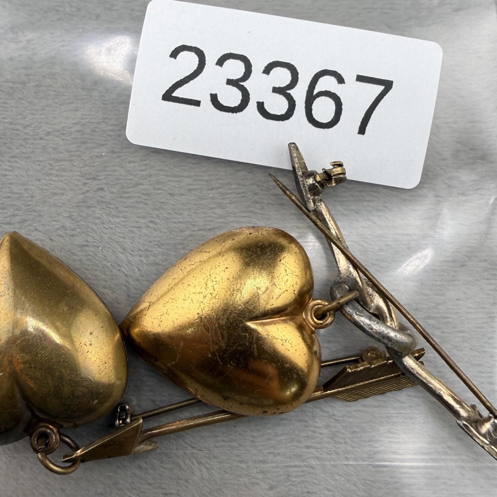 Vintage Brooch Lot of 2 Puff Heart Arrow Gold Tone