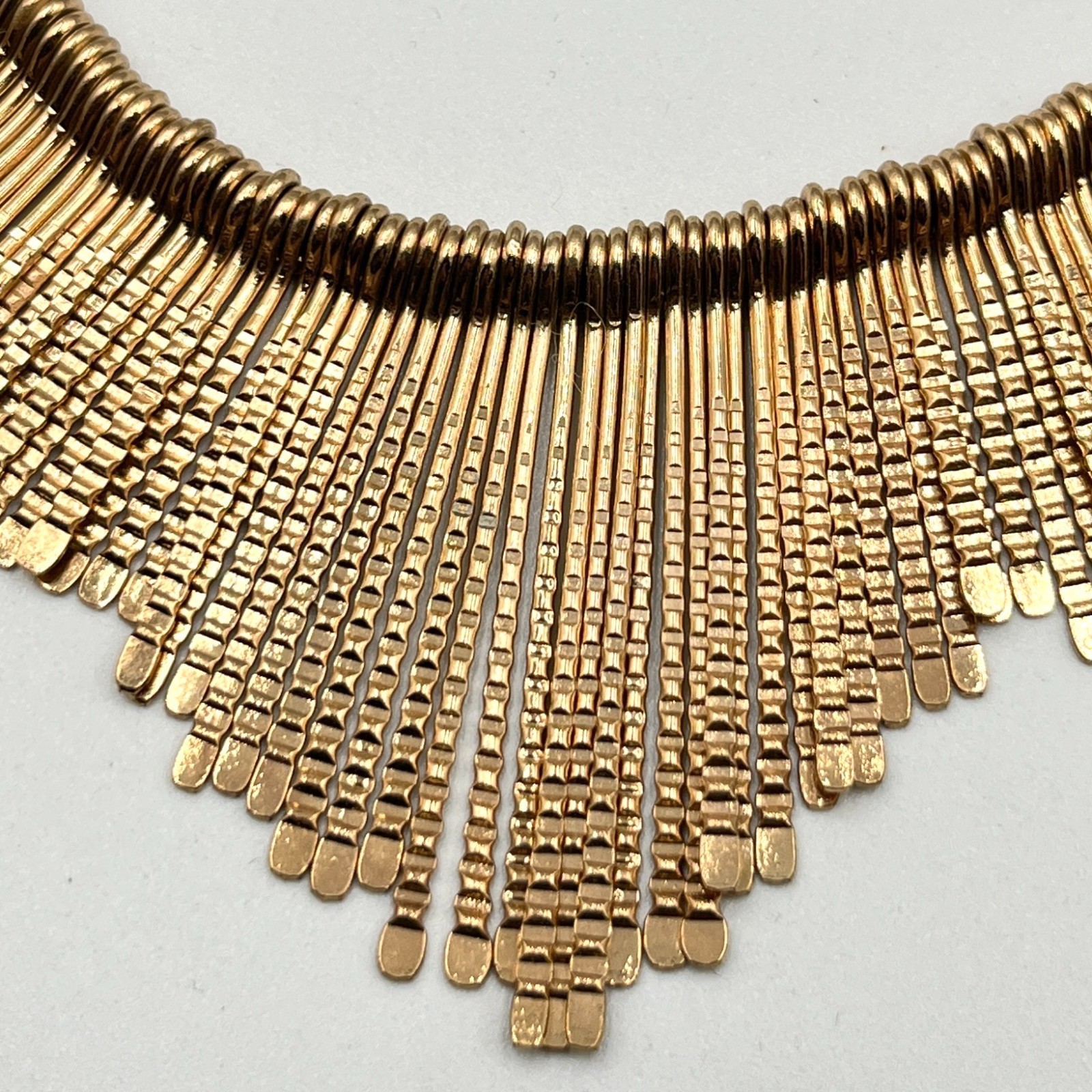 Vintage Style Gold Tone Fringe Bib Necklace, Textured Bar Drop Statement Jewelry