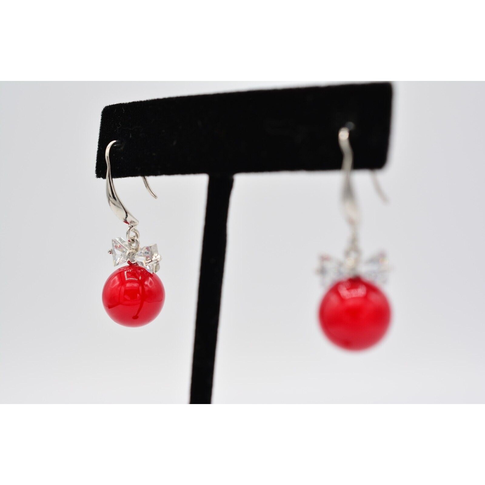 Vintage Dangle Earrings Crystal Bezel Bow Red Ball Drop Round 1990s BinAO