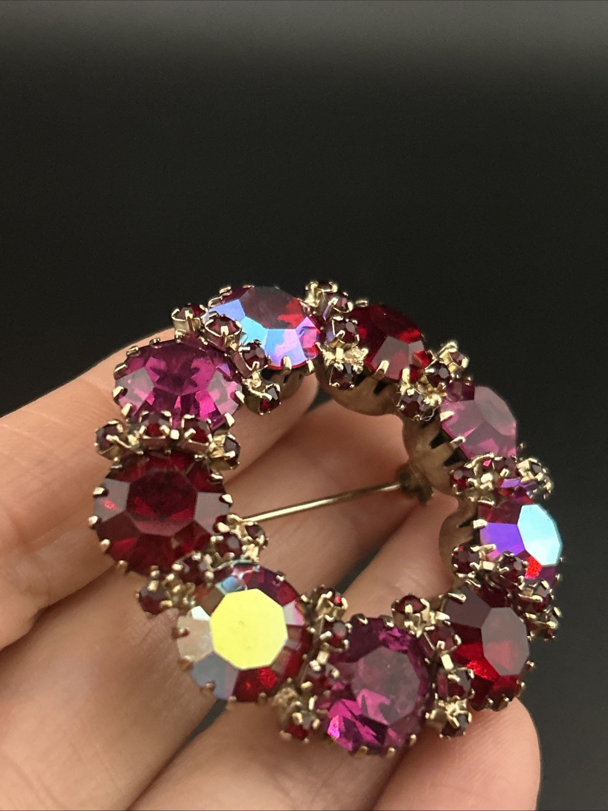 Vintage Karu Arke Inc. Fuchsia Ruby Red Aurora Borealis Rhinestone Brooch Pin