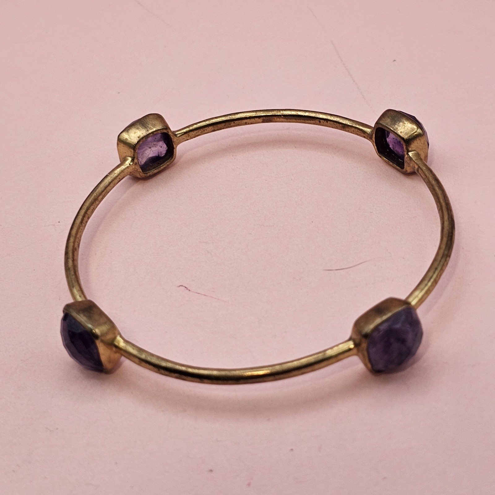 Vintage style brass amethyst bangle bracelet faceted purple stones 7.75″