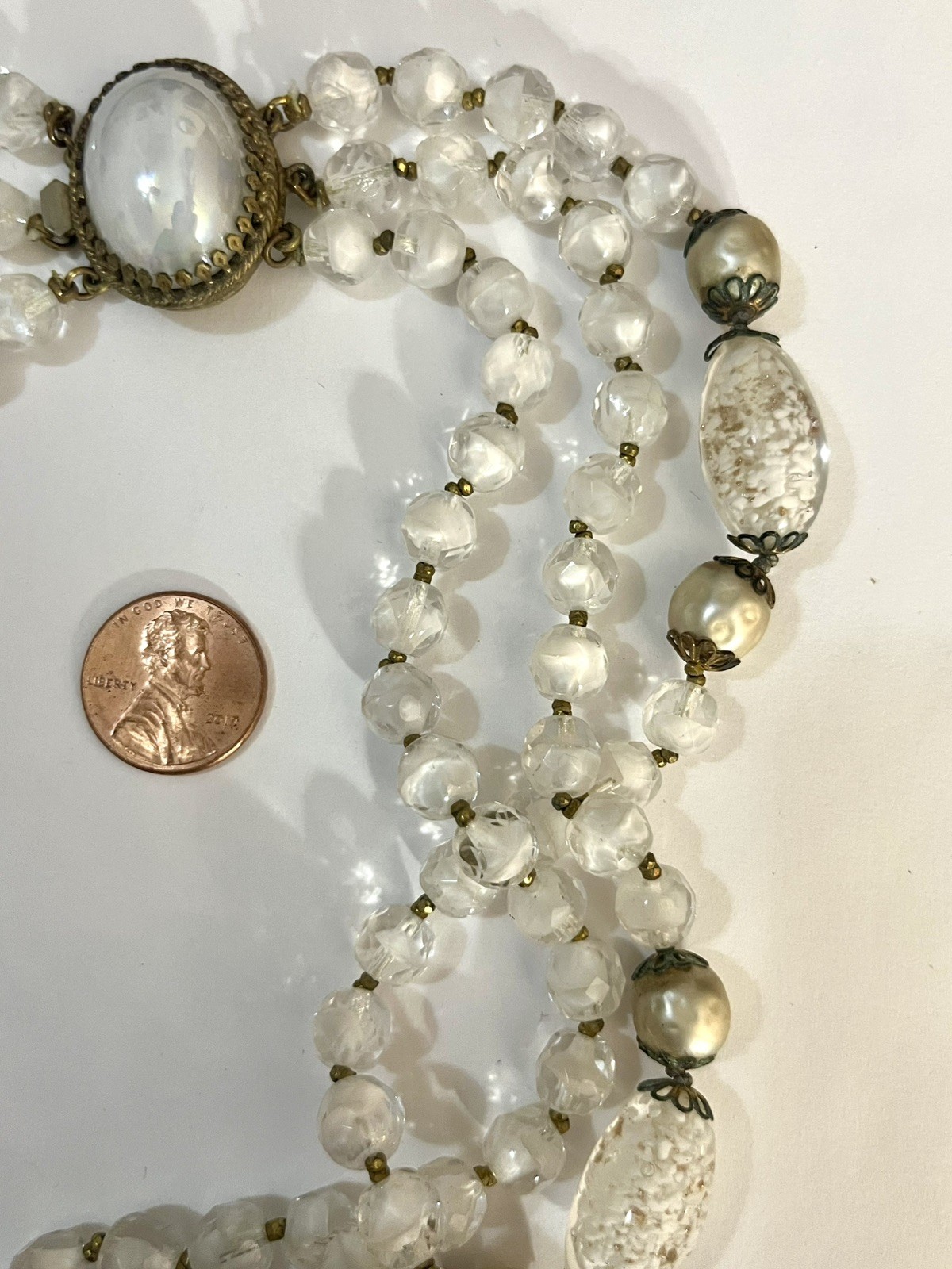 Vintage Foil Glass Necklace Murano Multistrand White Beaded Estate Jewelry Rare
