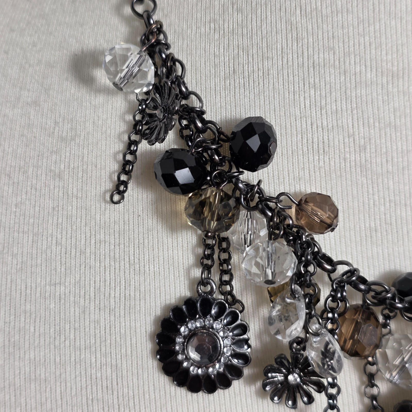 Metallic Black Charm Necklace Floral Pendants with Gray White & Black Beads