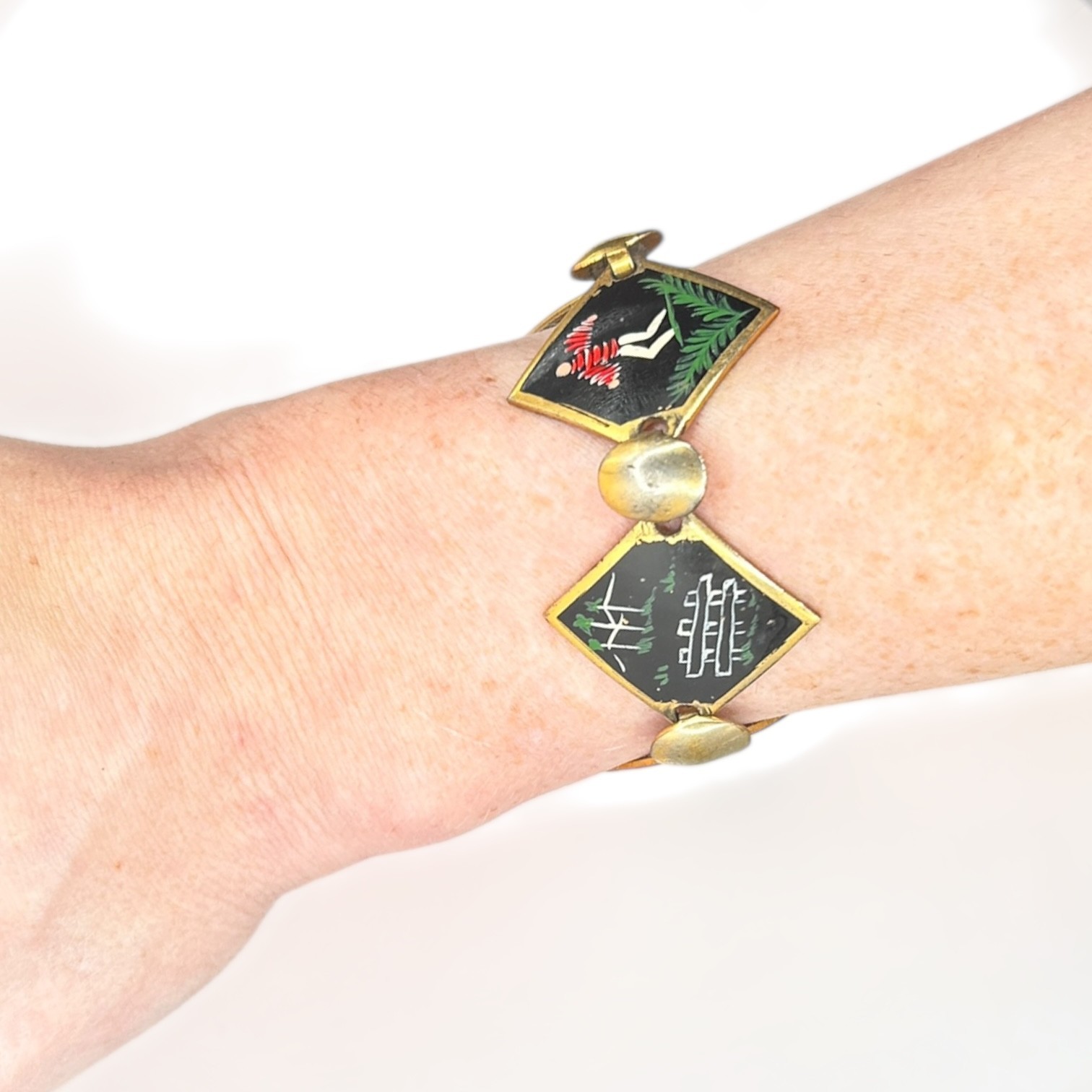 Vintage 1940s 50s Hawaii Hand Painted Brass Panel Souvenir Bracelet Tiki Hula