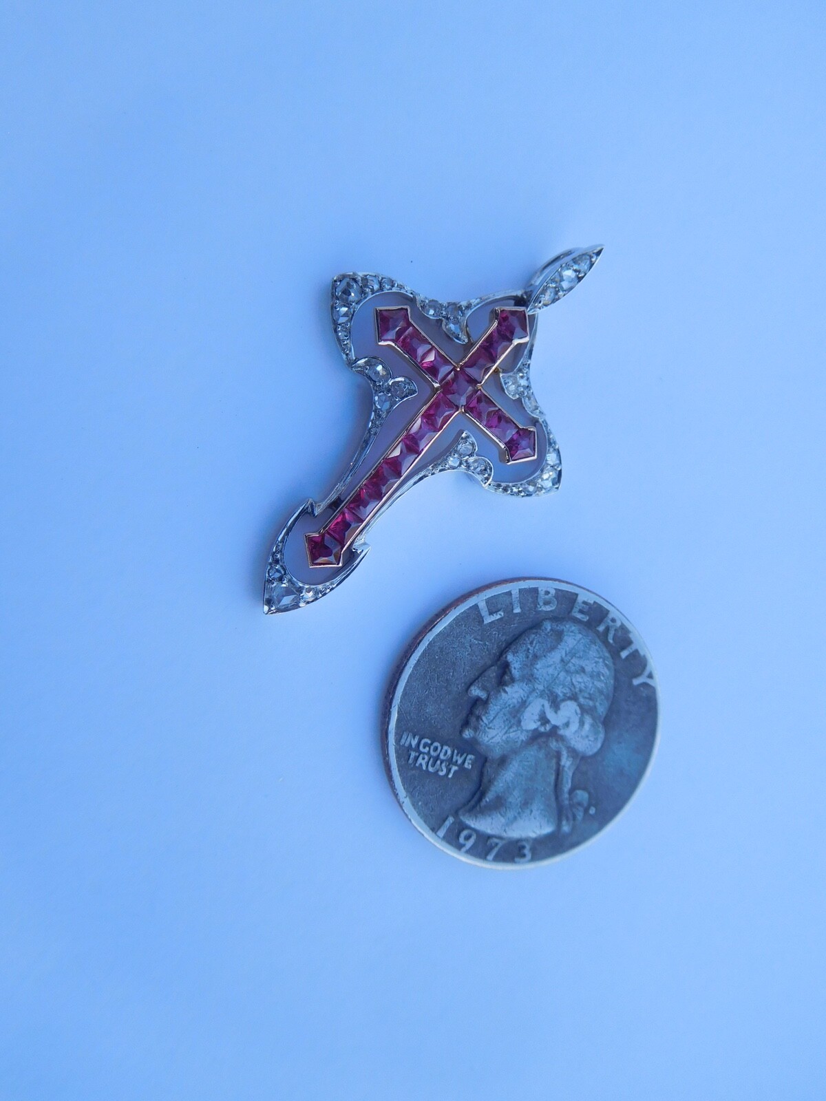 Belle Époque Art Nouveau 18K Rose Gold Platinum Diamonds Rubies Cross Pendant 🥀