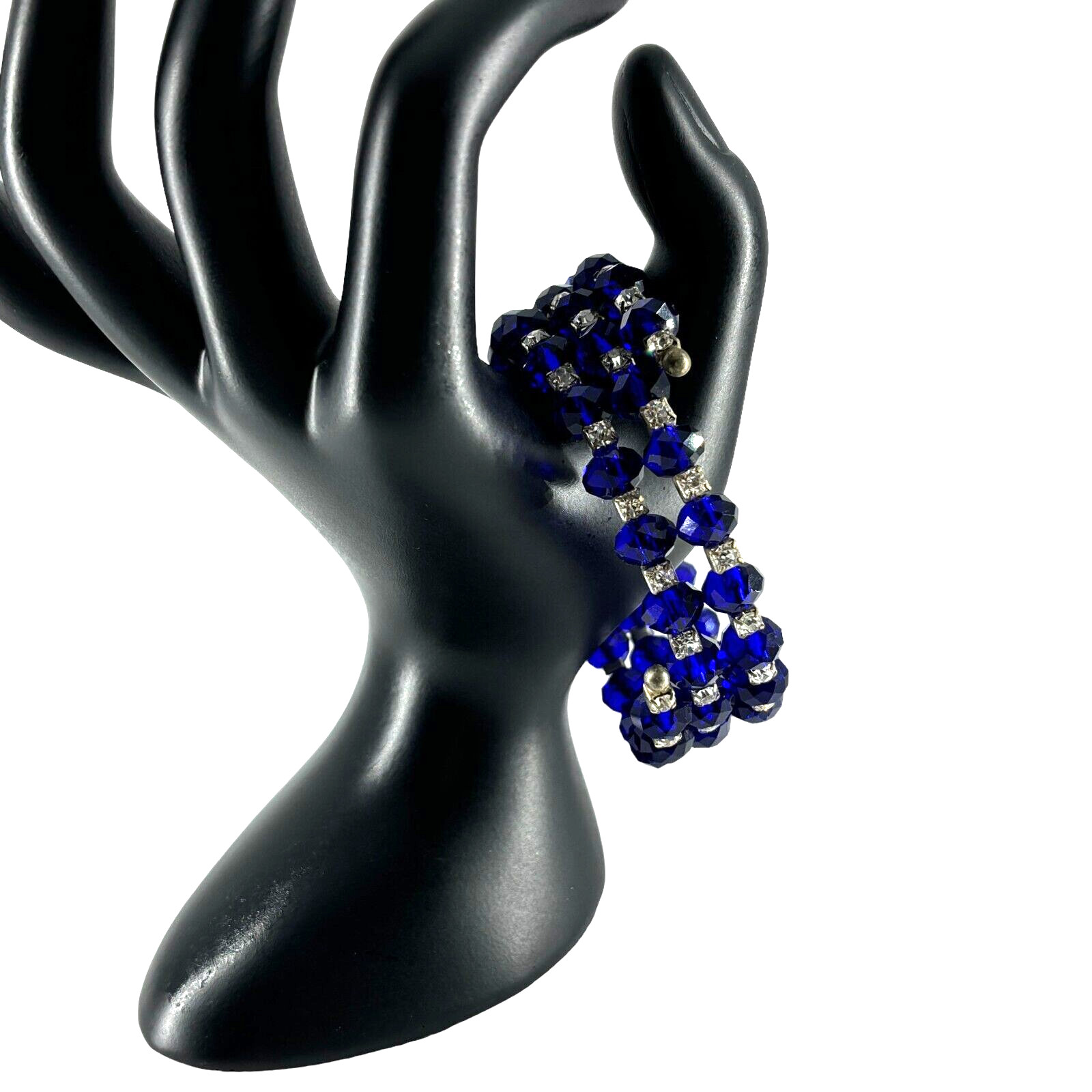 Vintage Multi Strand Crystal Bracelet Blue with Clear Rhinestone Stretch Wrap