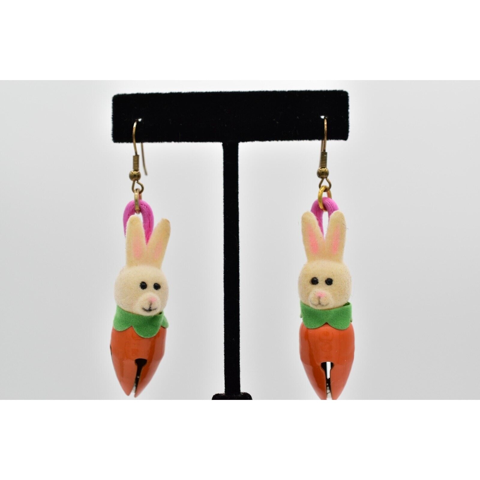 Vintage Easter Bunny Earrings White Velvet Rabbit Carrot Bell Dangle 1980s 9D