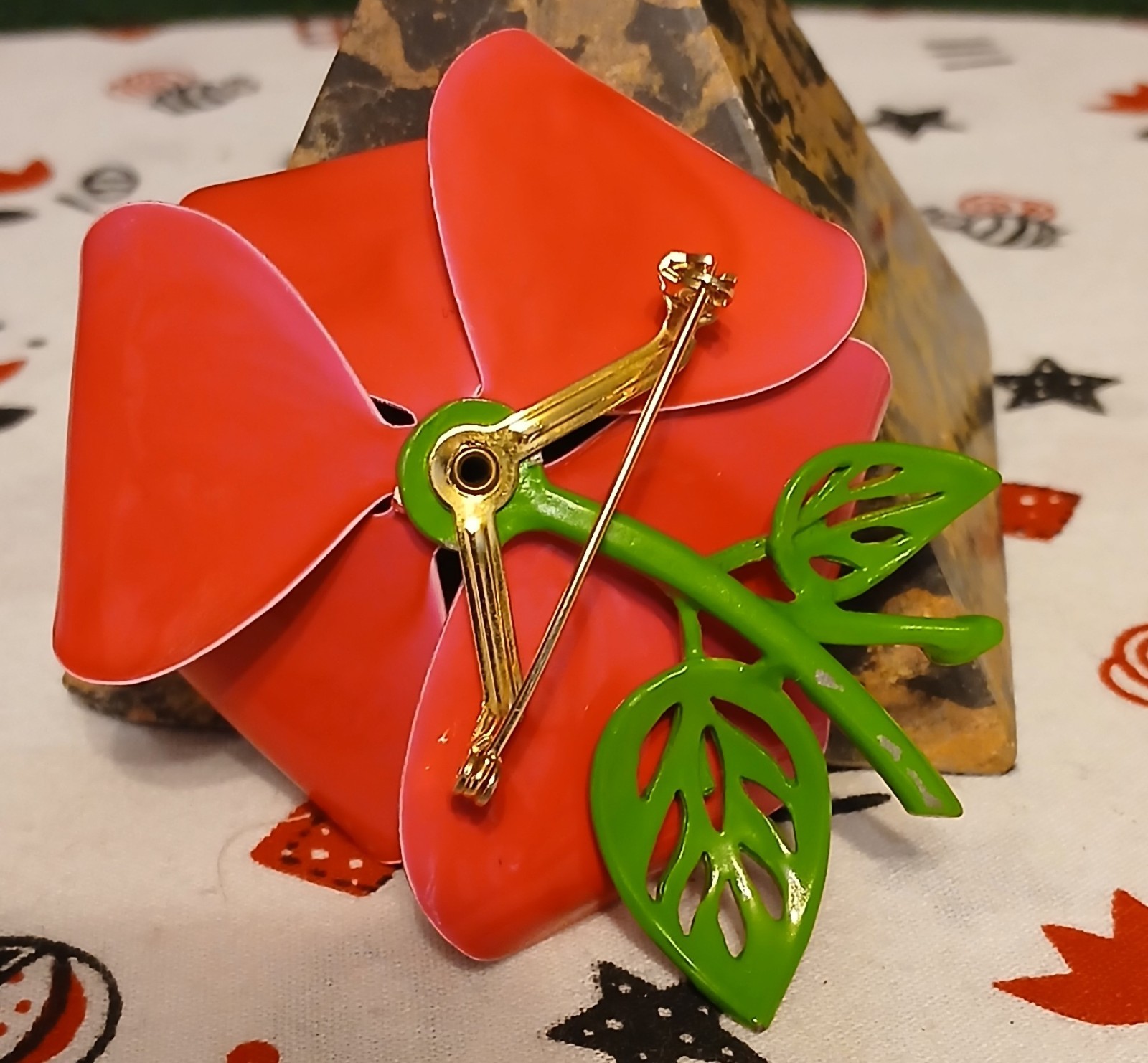 Bright Pink And Green Flower Brooch Pin