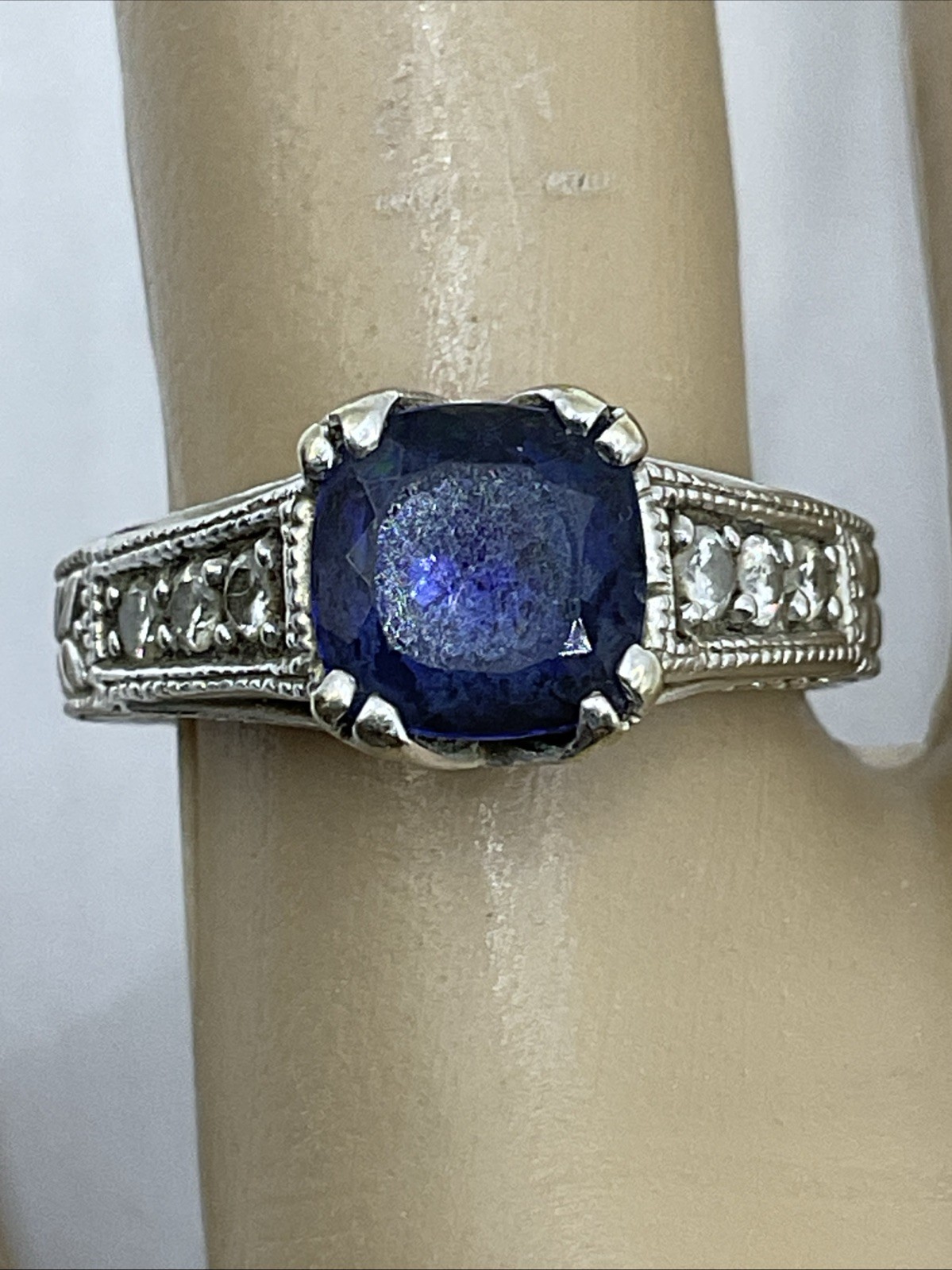 Ladies Ring Solid 14K White Gold Cushion Blue Stone & Diamonds VINTAGE HANDMADE