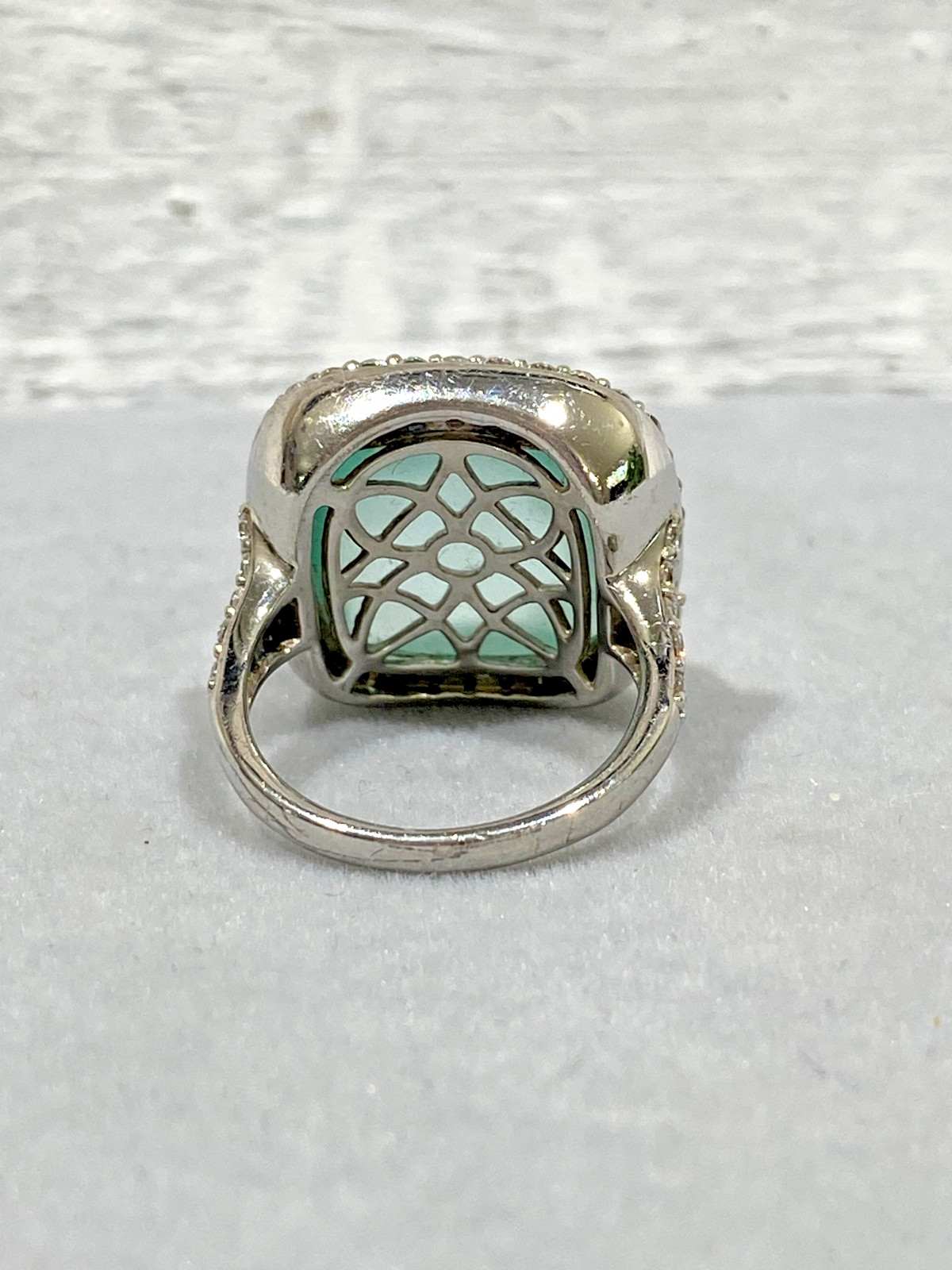 Vintage Sterling Silver Green Chalcedony Cushion Cut & CZ Ring 4.5 stamped ‘f’