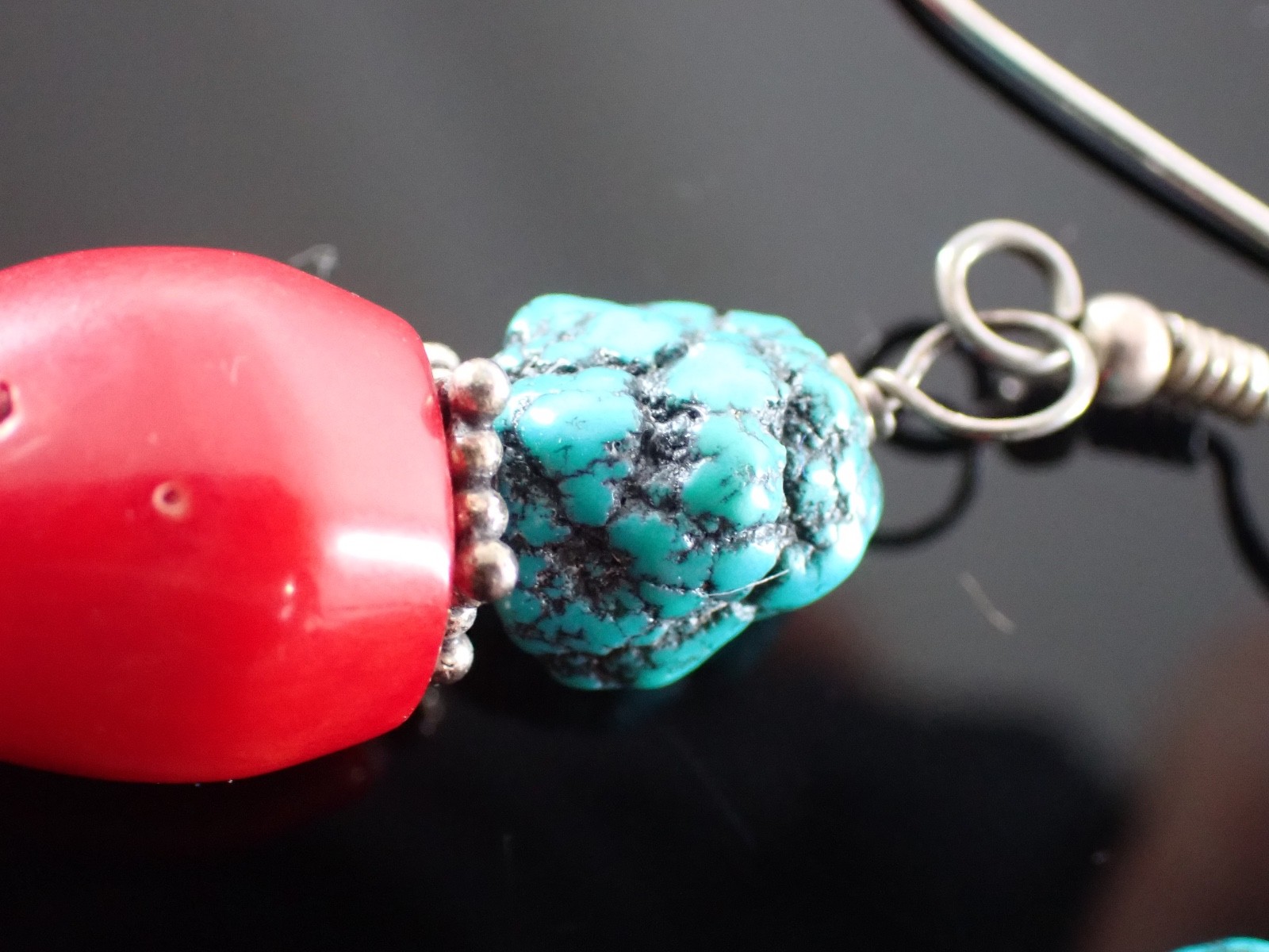 Vintage Sterling Drop Earrings Red Bead & Turquoise Matrix Stones Artisan