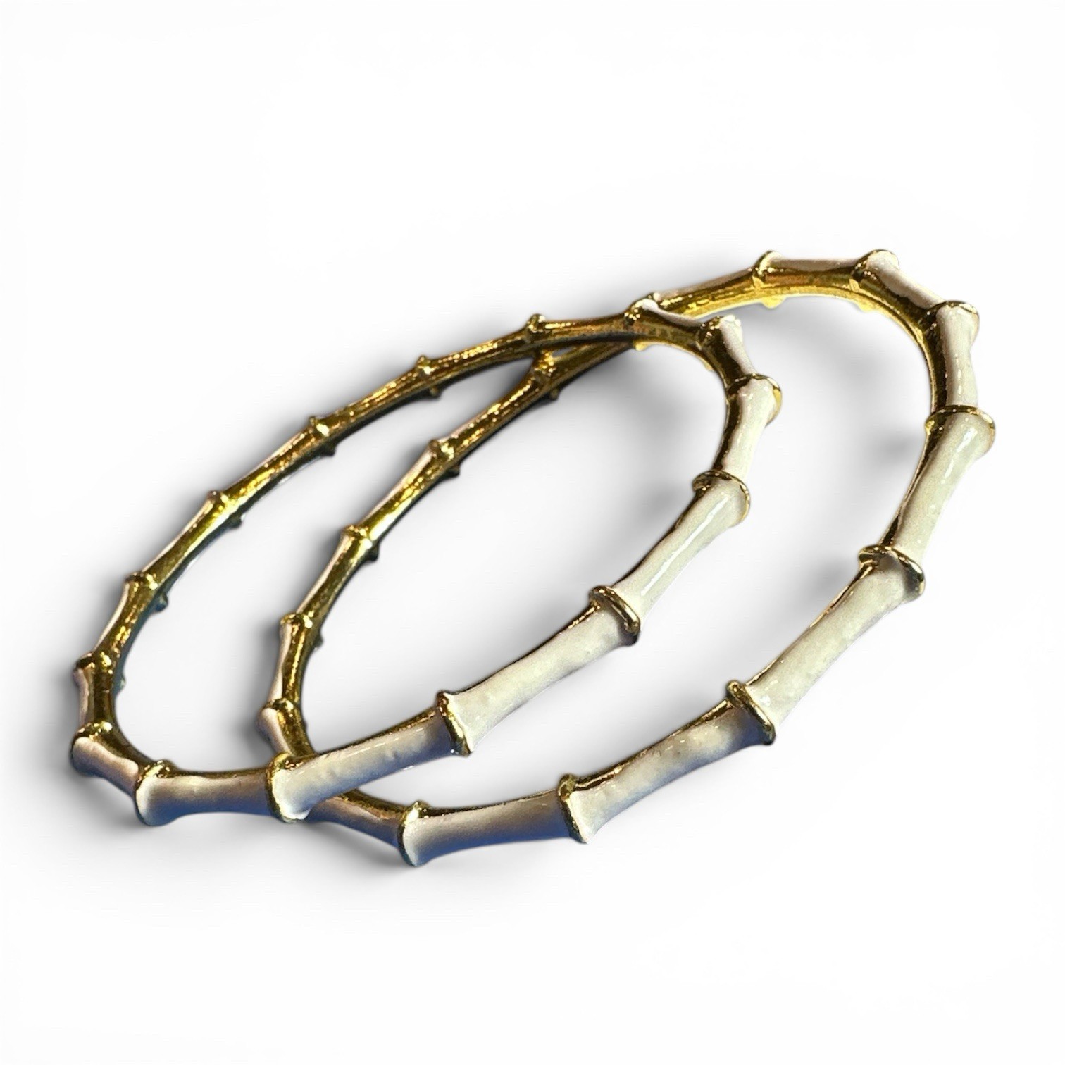 Vintage Bamboo Bangle Bracelet Lot of 2 White Enamel 28k Gold Plated