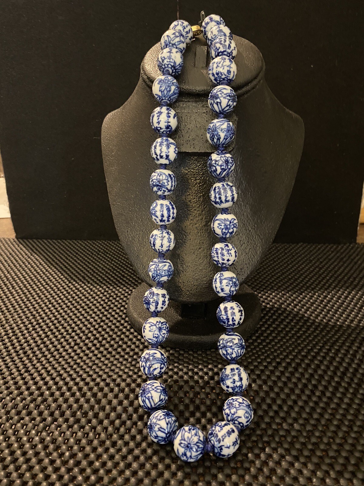 Vintage Chinese Export Blue White Large Porcelain Beaded Necklace Filigree Clasp