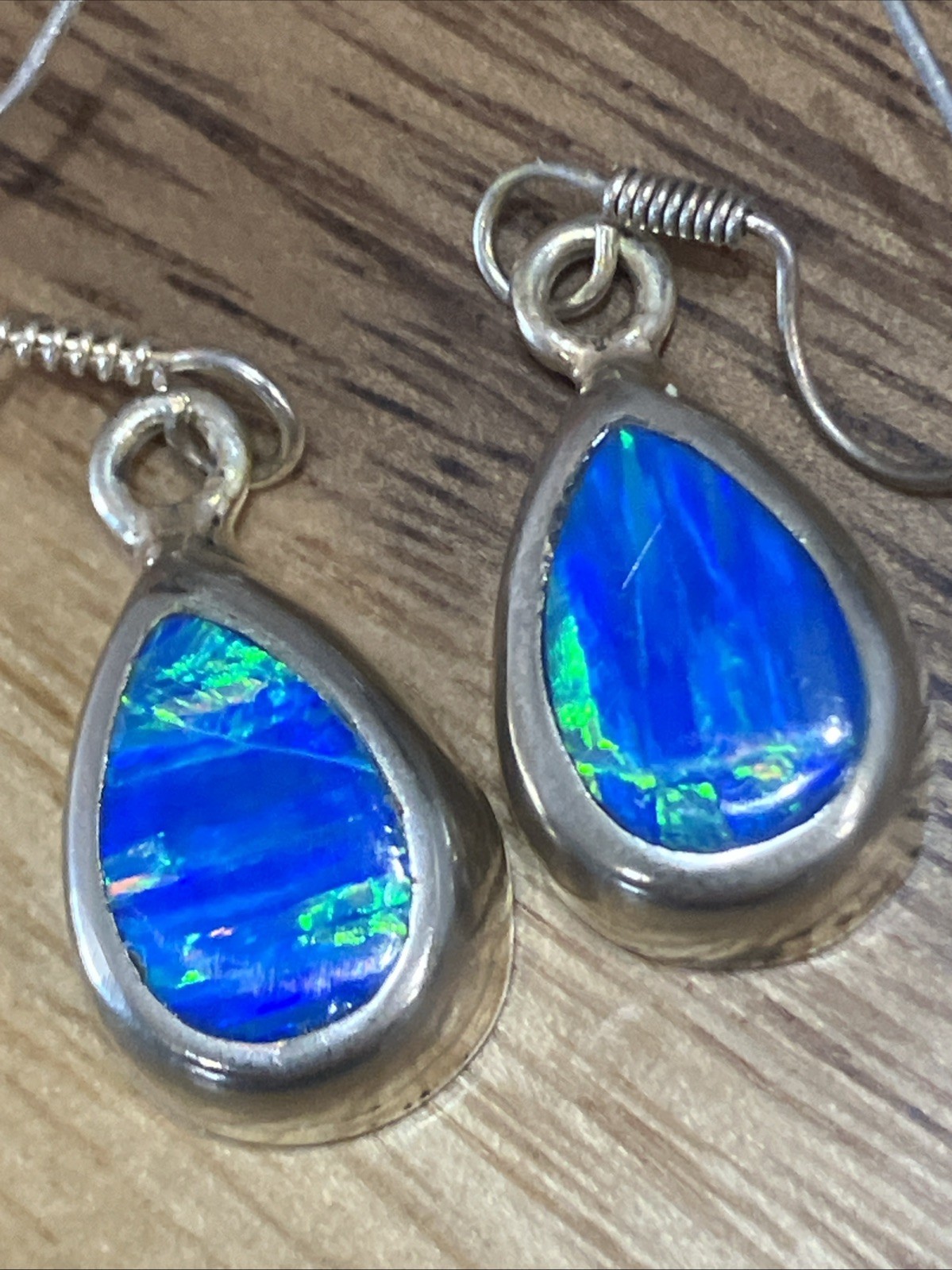 Vintage Mexico Silver Blue Opal Druzy Teardrop Oval Hook Drop Earrings Estate