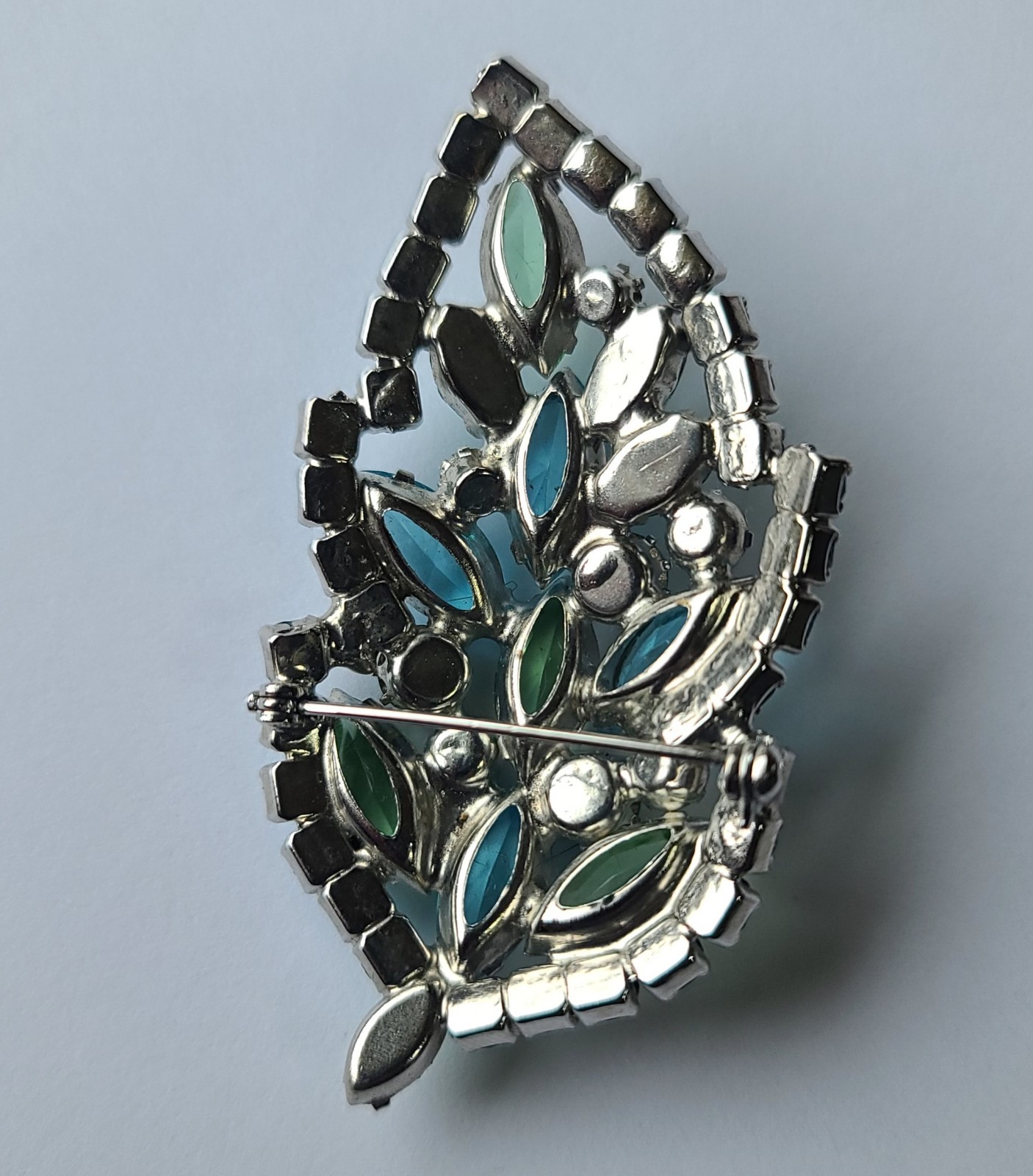 VTG MCM Aque Blue & Lime Green Rhinestone Leaf Brooch Pin (Some AB Finish)