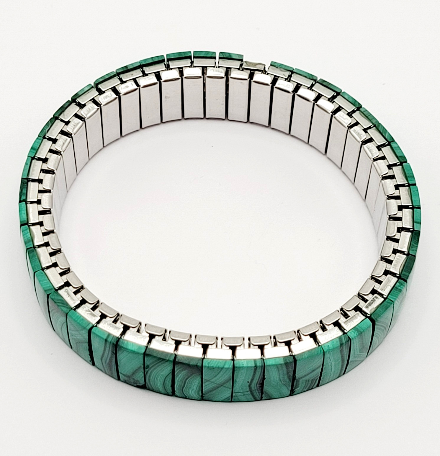 Malachite Stone Green Veneer Panel Stainless Steel Expanding Vintage Bracelet