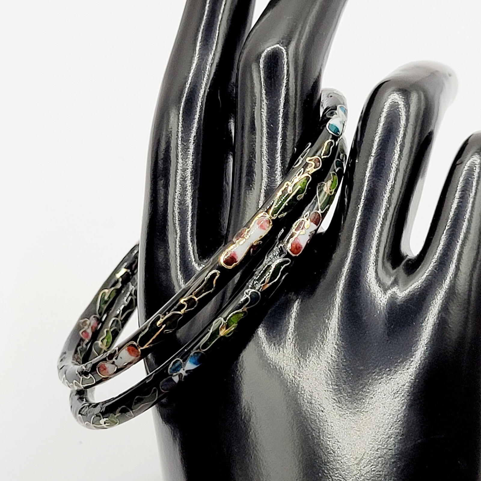 2 Cloisonné Asian Inspired Black Dark Shiny Floral Hand Painted Bangle Bracelet