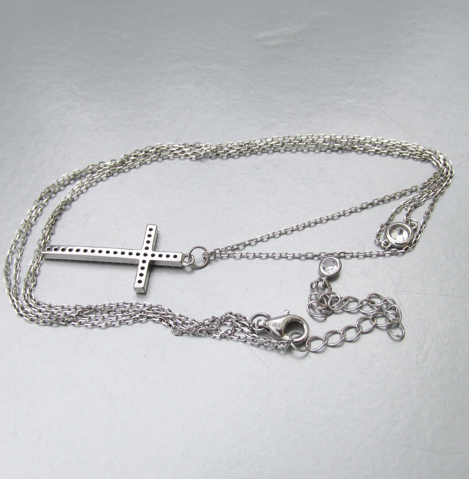 Vintage 2 Strand Sterling Silver CZ Cubic Zirconia CROSS Pendant Necklace