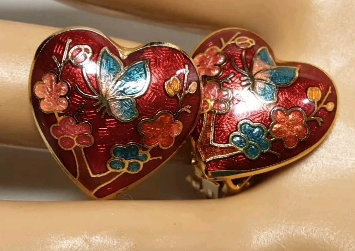 Earring Gold Tone Cloisonne Red Pink Blue Puff Heart Floral Butterfly Clip Vtg
