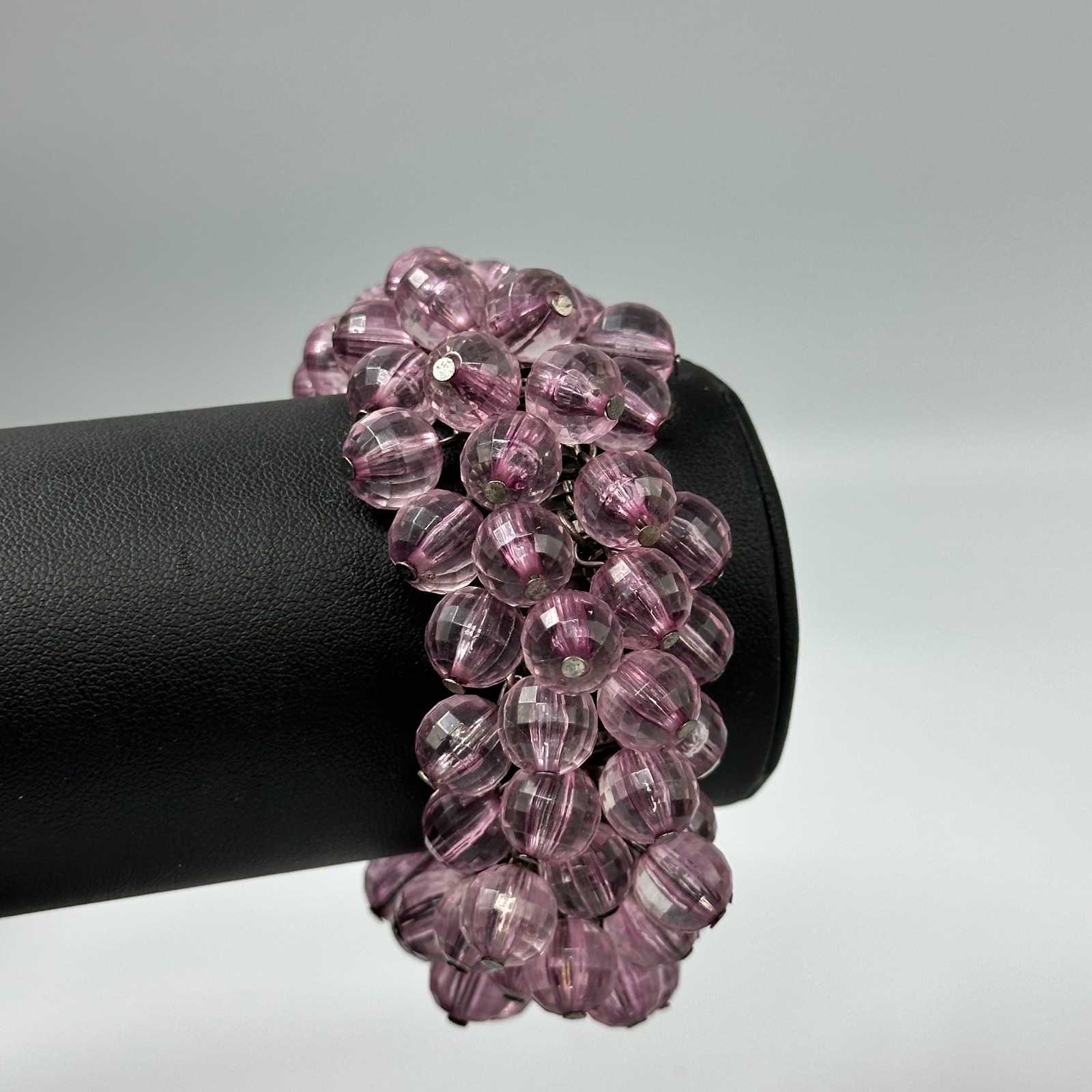 Vintage Cha Cha Expansion Bracelet Purple Faceted Round Beads Silver Tone