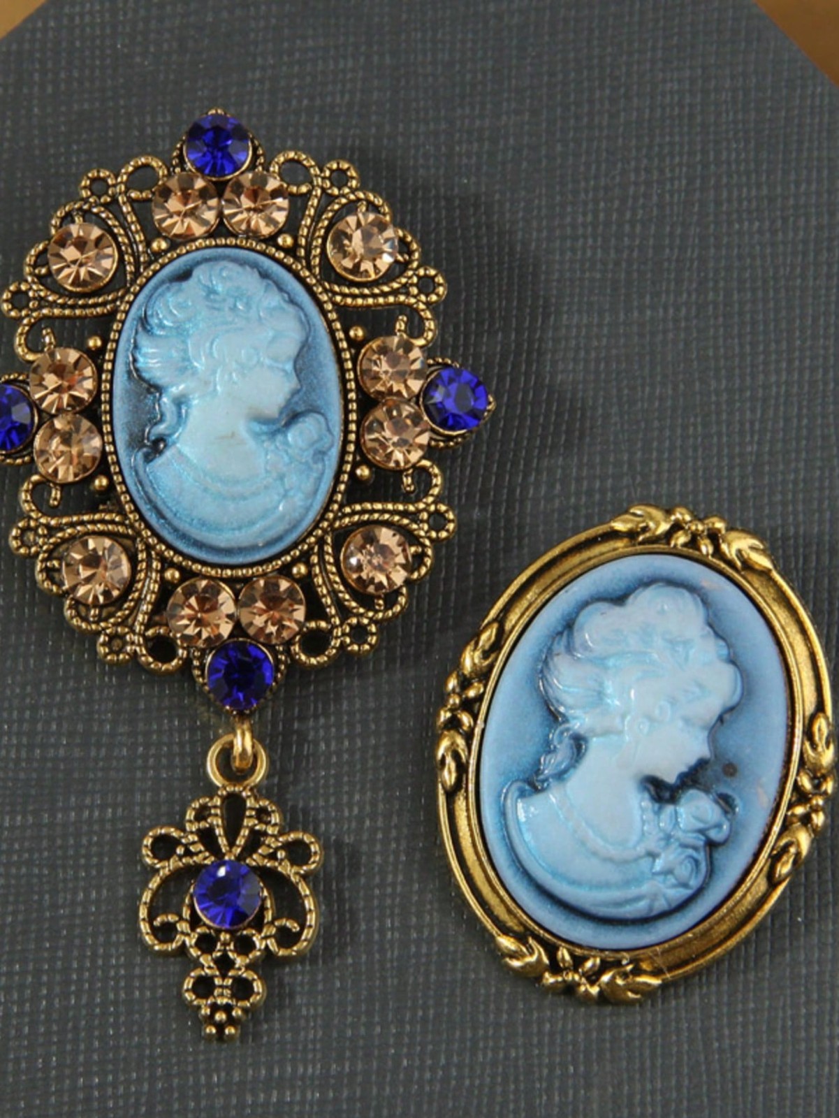 2 Pcs Blue Elegant Victorian Vintage Court Style Cameo Brooch Pin Lady Portrait