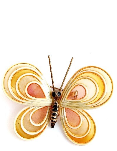 Vintage Orange Pink Woven Bamboo+ Resin Enamel Butterfly Brooch Pin~Figural Boho