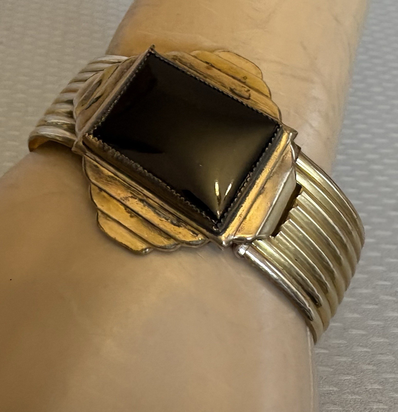 Art Deco Signed MARSH Gold Plate Bangle Snap Open Hidden Secret Locket Bracelet