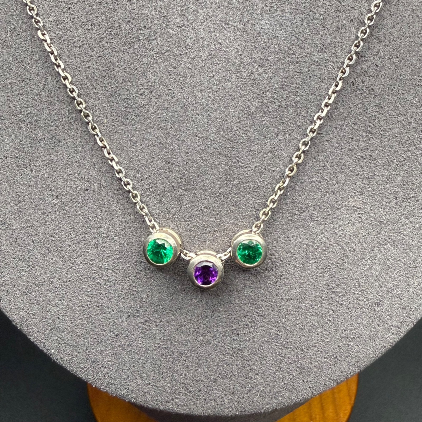 Vintage Sterling Silver 3 Stone Sliding Bezel Station Necklace Green & Purple CZ