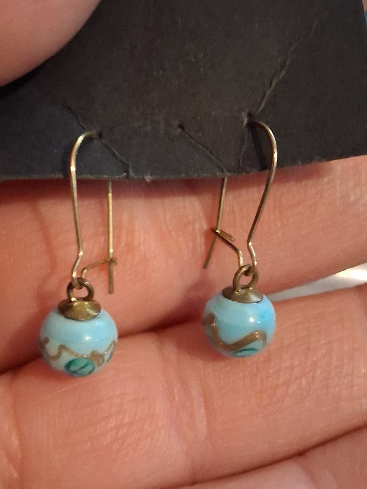 Turquoise blue lampwork bead dangle drop earrings w/pink flower, gold-plate earw
