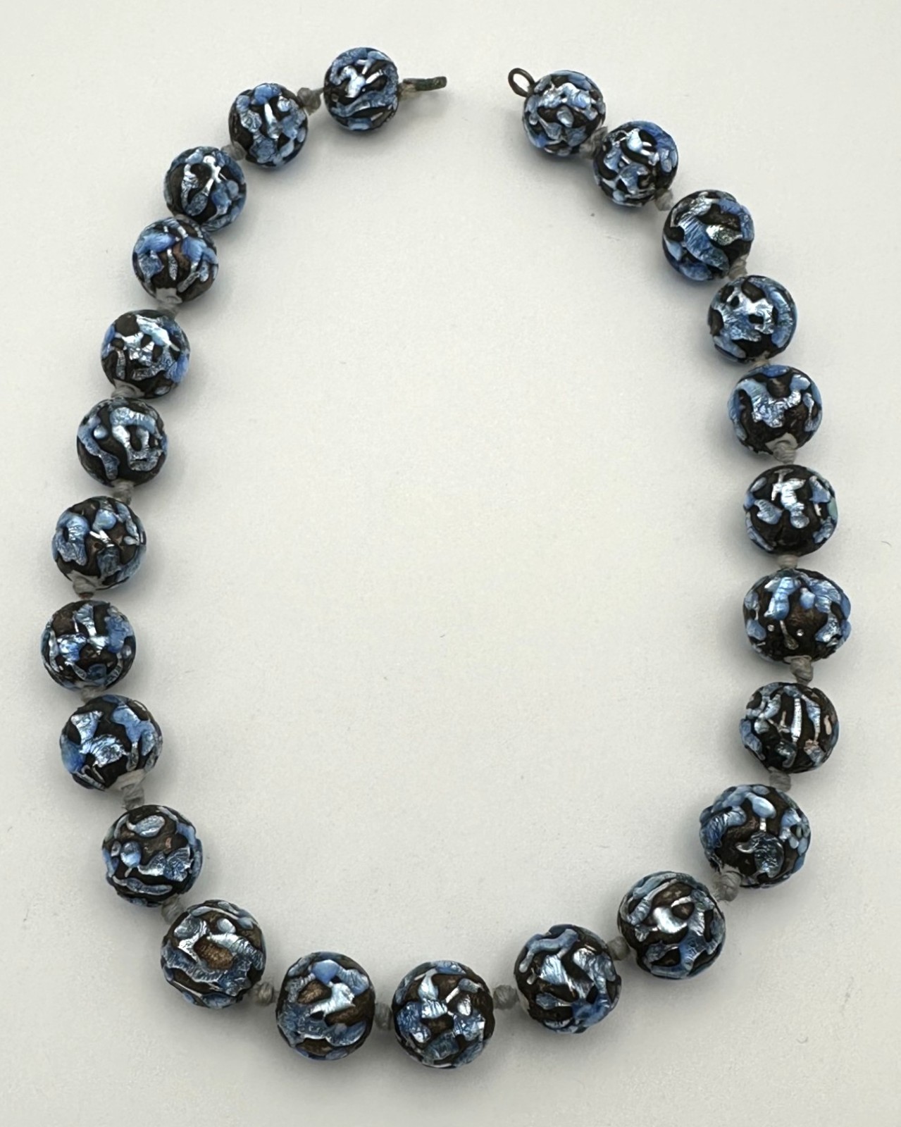 Vintage Czech Art Deco Foil Glass Beaded Choker Necklace Iridescent Blue Bronze