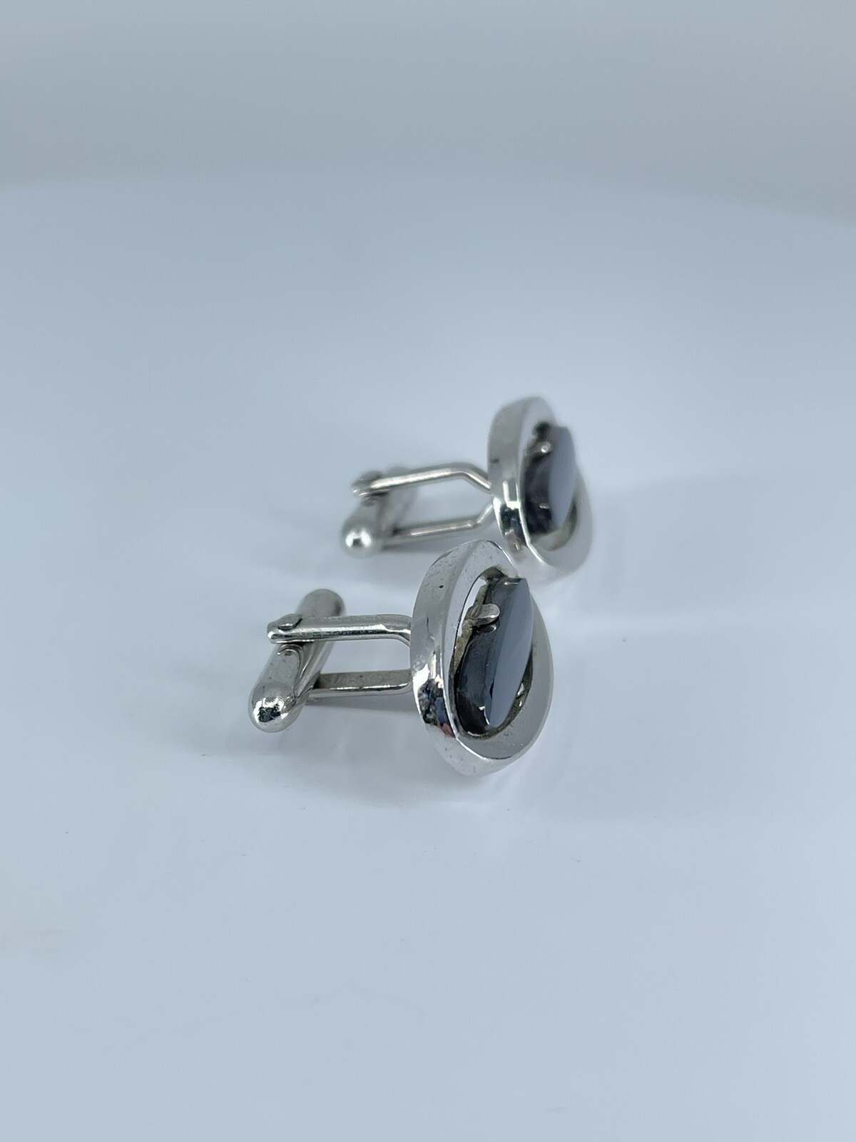 Vintage Swank hematite cufflinks long oval open silver tone design 3/4″