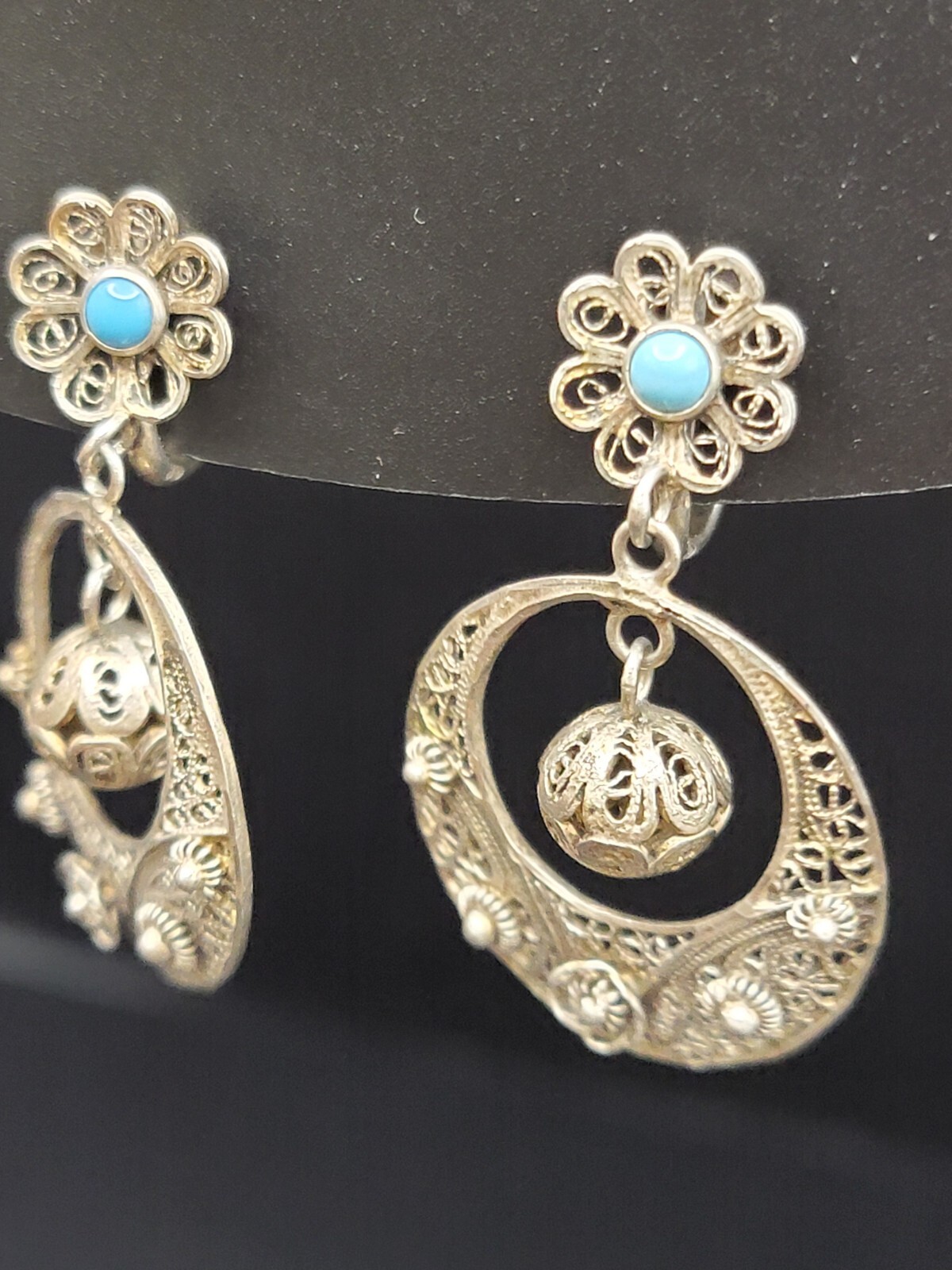 833 Silver Filigree Drop Earrings Turquoise Accent Dangle Vintage Ethnic