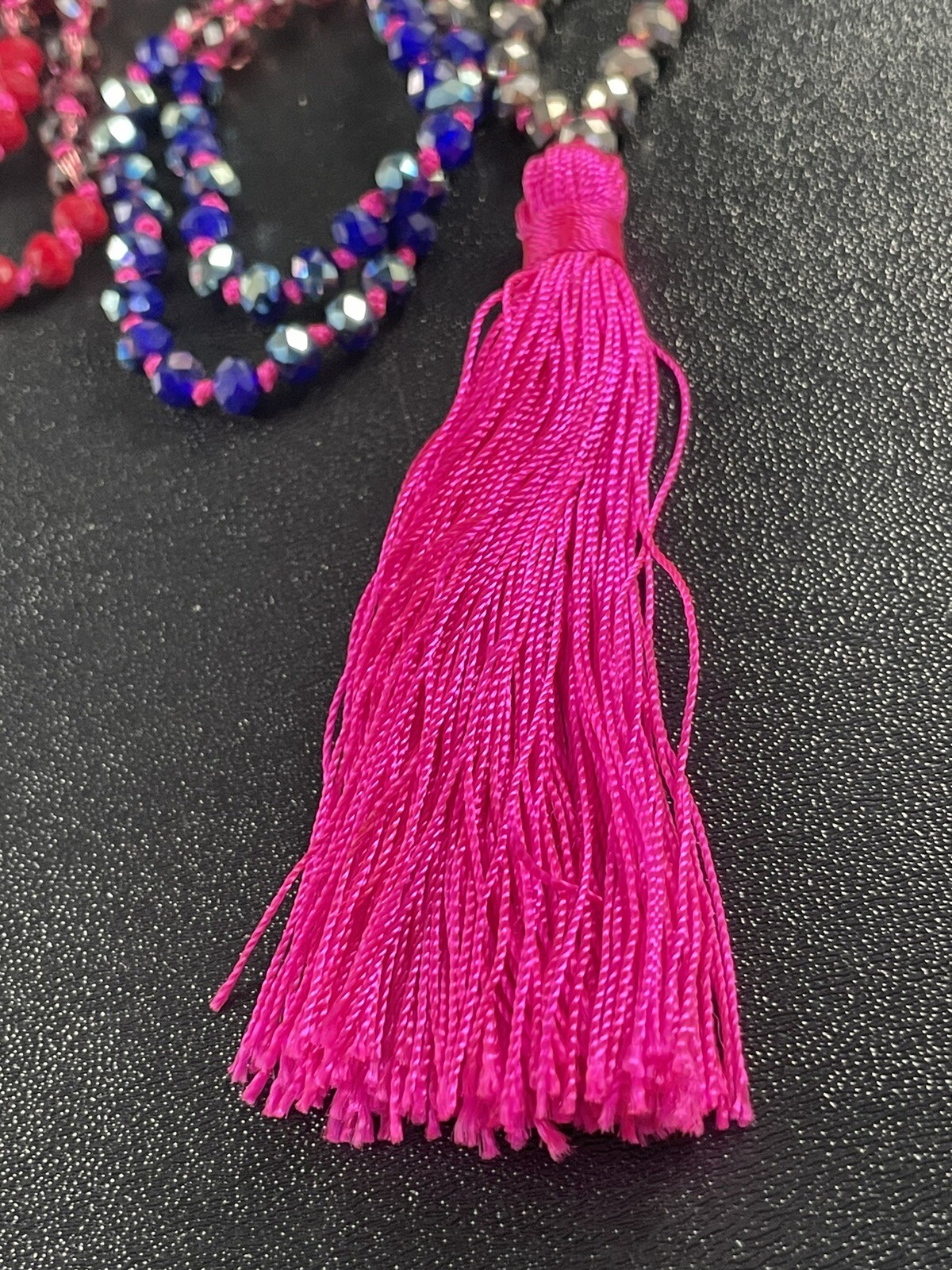 EXPRESS Signed Vintage Pink Tassel Necklace 36” Purple & Red Faceted Lucite Bead