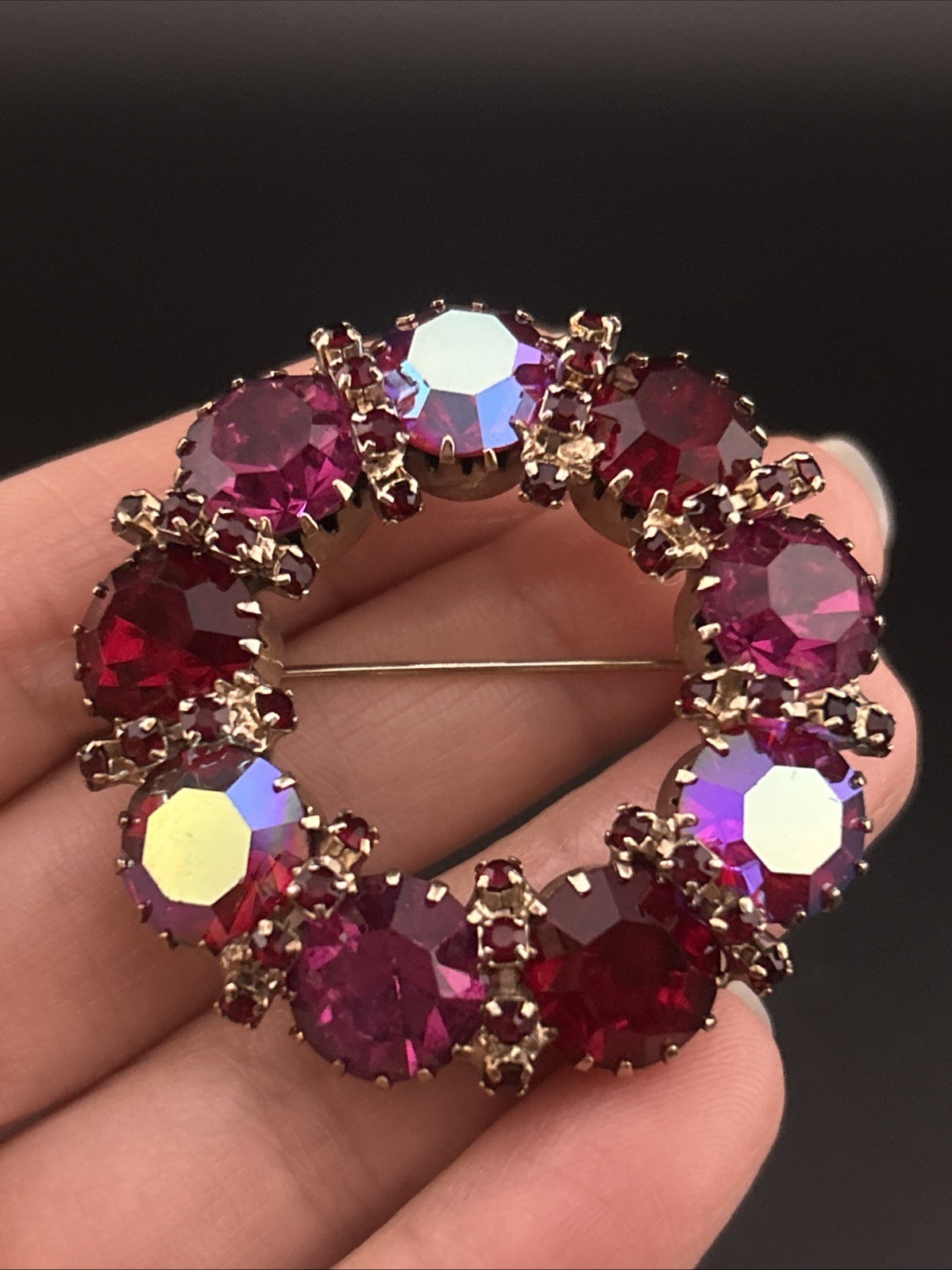 Vintage Karu Arke Inc. Fuchsia Ruby Red Aurora Borealis Rhinestone Brooch Pin
