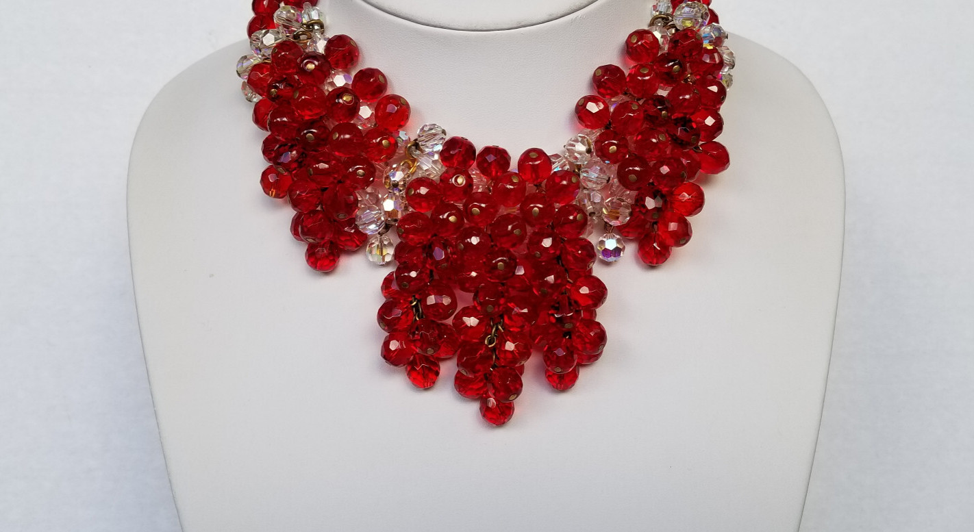 Vintage Signed France AB Bead & Red Glass Cluster Bead Necklace