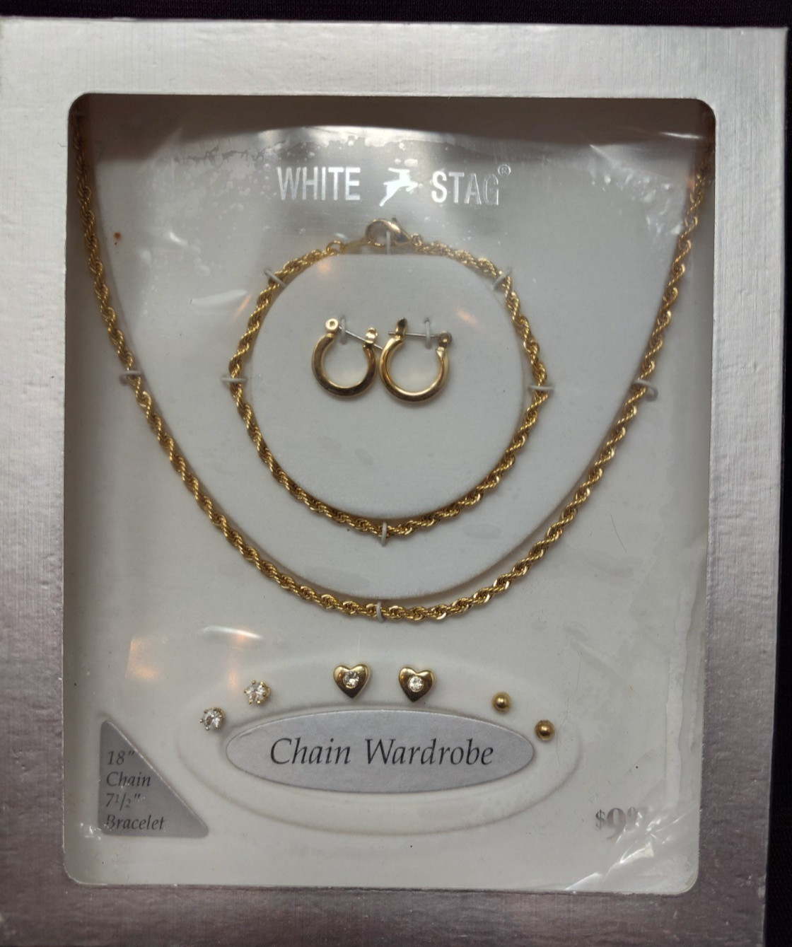 Vintage White Stag Gold Tone Jewelry Set Boxed Earrings, Necklace, Bracelet
