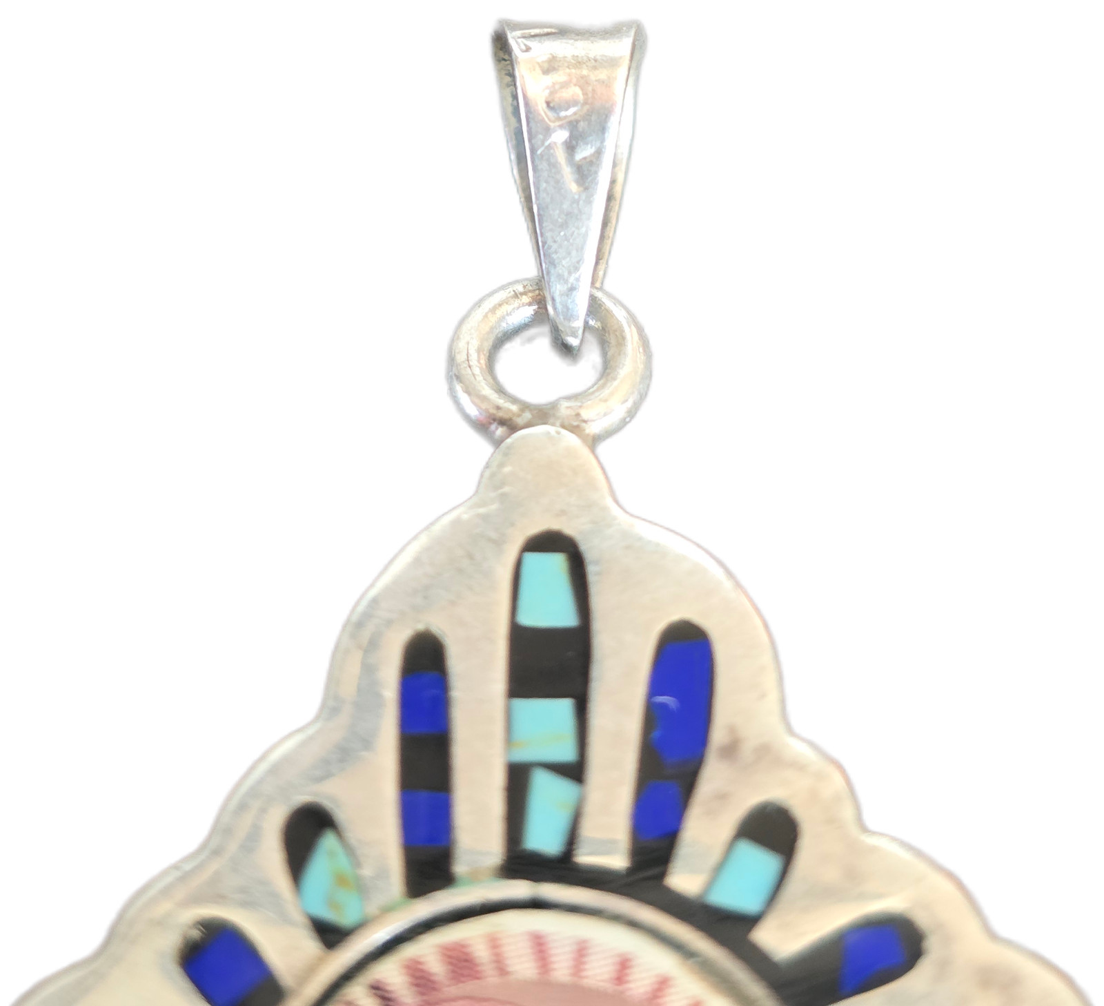 Large Sterling Silver Enamel Virgin Mary Pendant Blue Turquoise Religious Medal