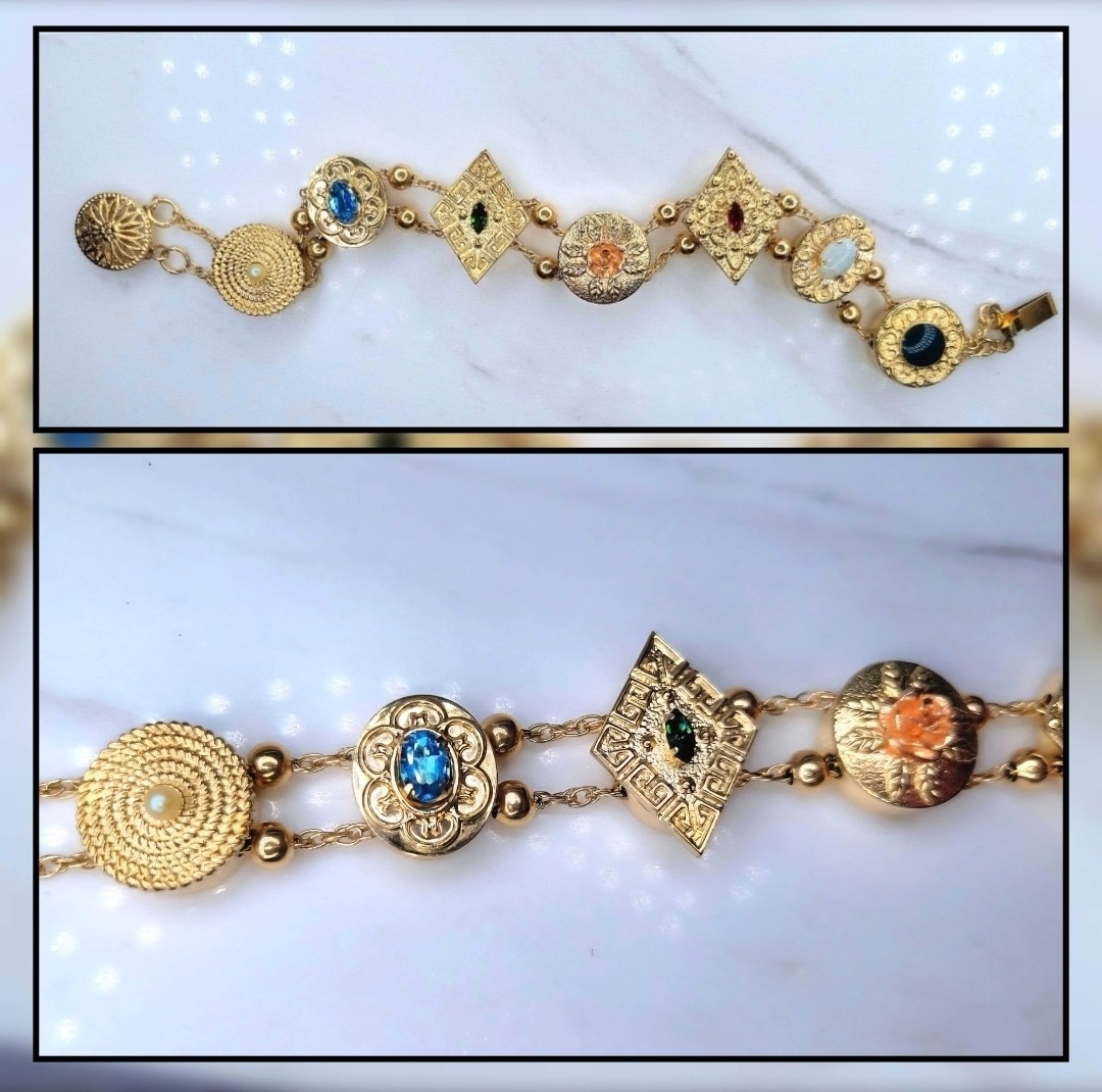 VERY RARE! Vintage Krementz Slide Bracelet 14/20 GF | 7 Decorative Slide Charms