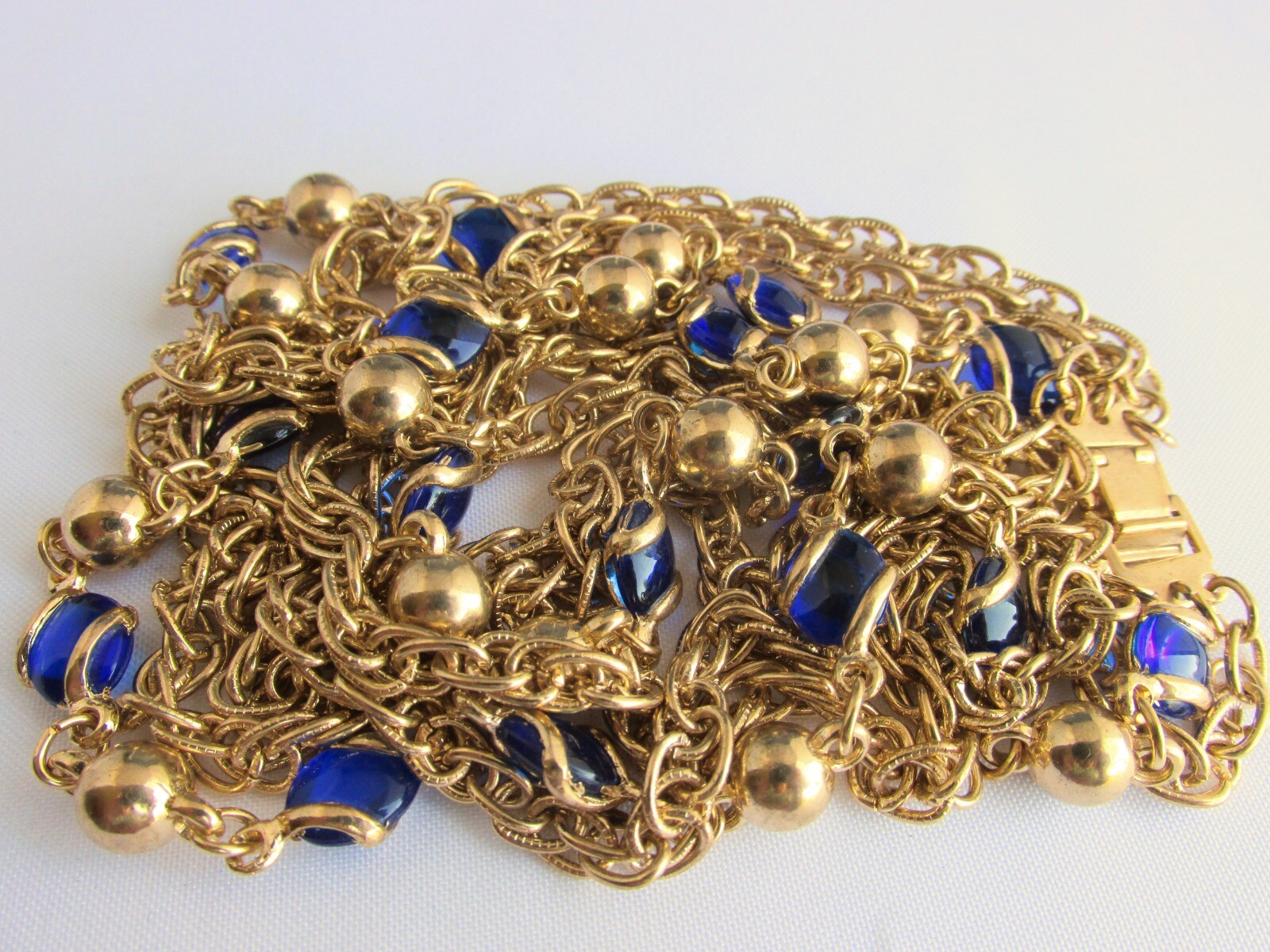 Vintage Electric Blue Glass & Metal Bead Necklace 3 Rows Gold Plate