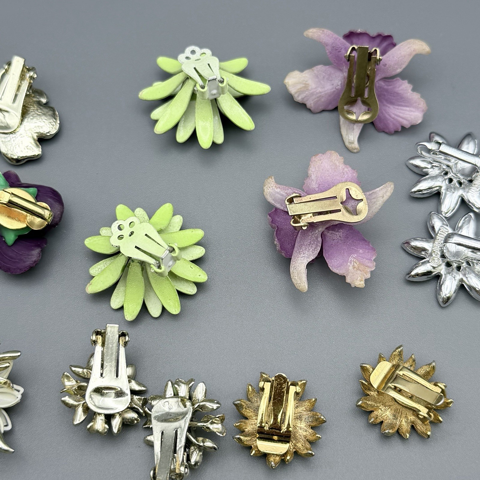 Vintage Flower Clip On Earrings Floral Lot Of 8 Orchid Pansies Tulip Multi Color