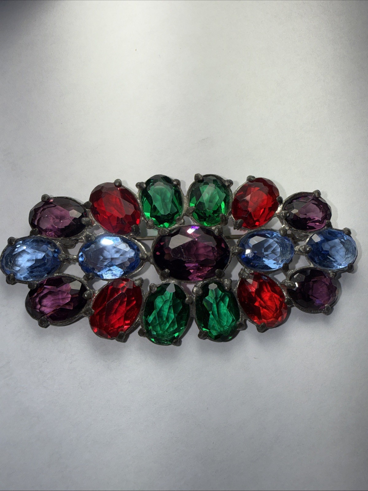 Pin Brooch Czech Art Deco Fruit salad Pot Metal 3.5” Open Back Stones Antique