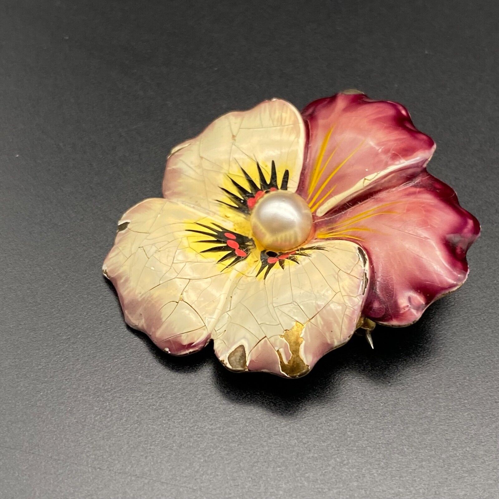 Vintage Enamel Pansy Flower Sterling Silver Pin Brooch