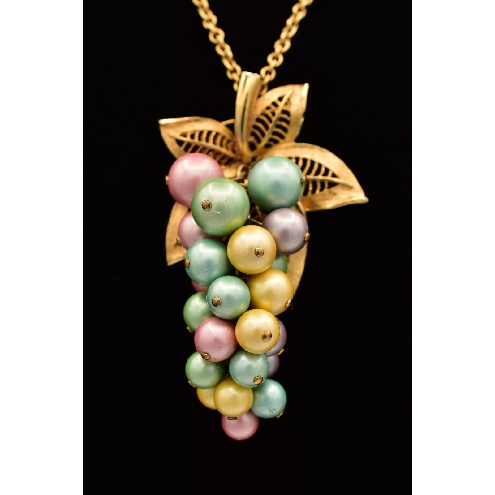 Vintage Grape Pendant Necklace Brushed Gold Multi-Color Cluster Vine Pastel BinK