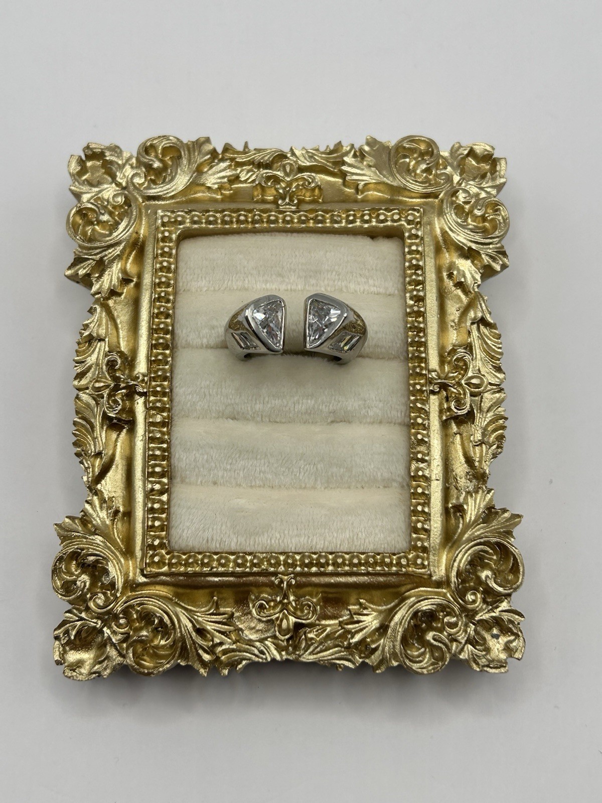 Vintage Silver Tone Open Band Ring Trillion Cut Clear Stones Size 6.5 Modern