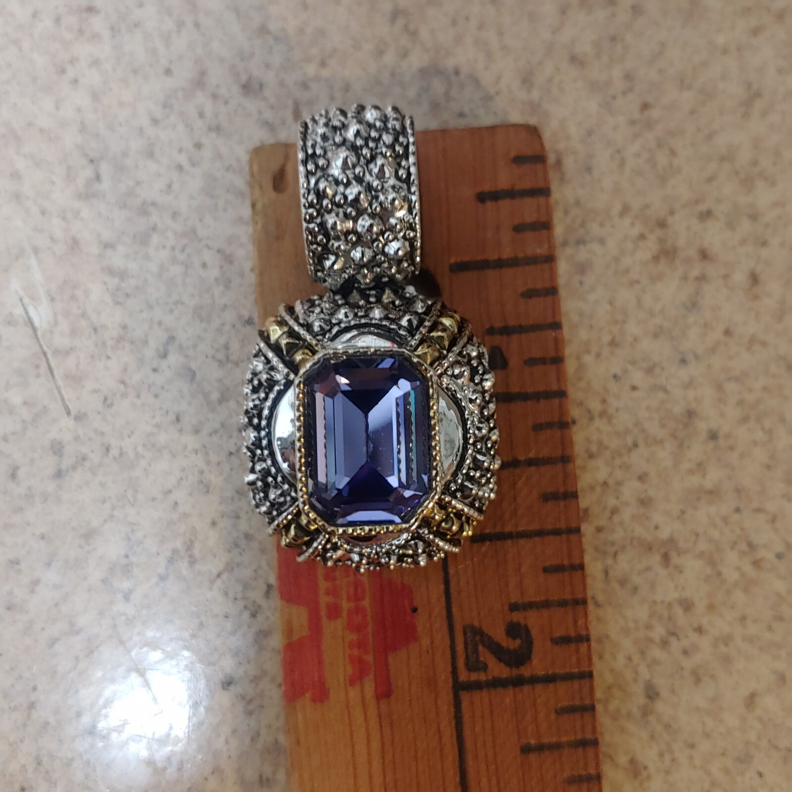 Emerald Cut Purple Glass Stone Pendant Silver tone Gold Accent Pearl Enhancer